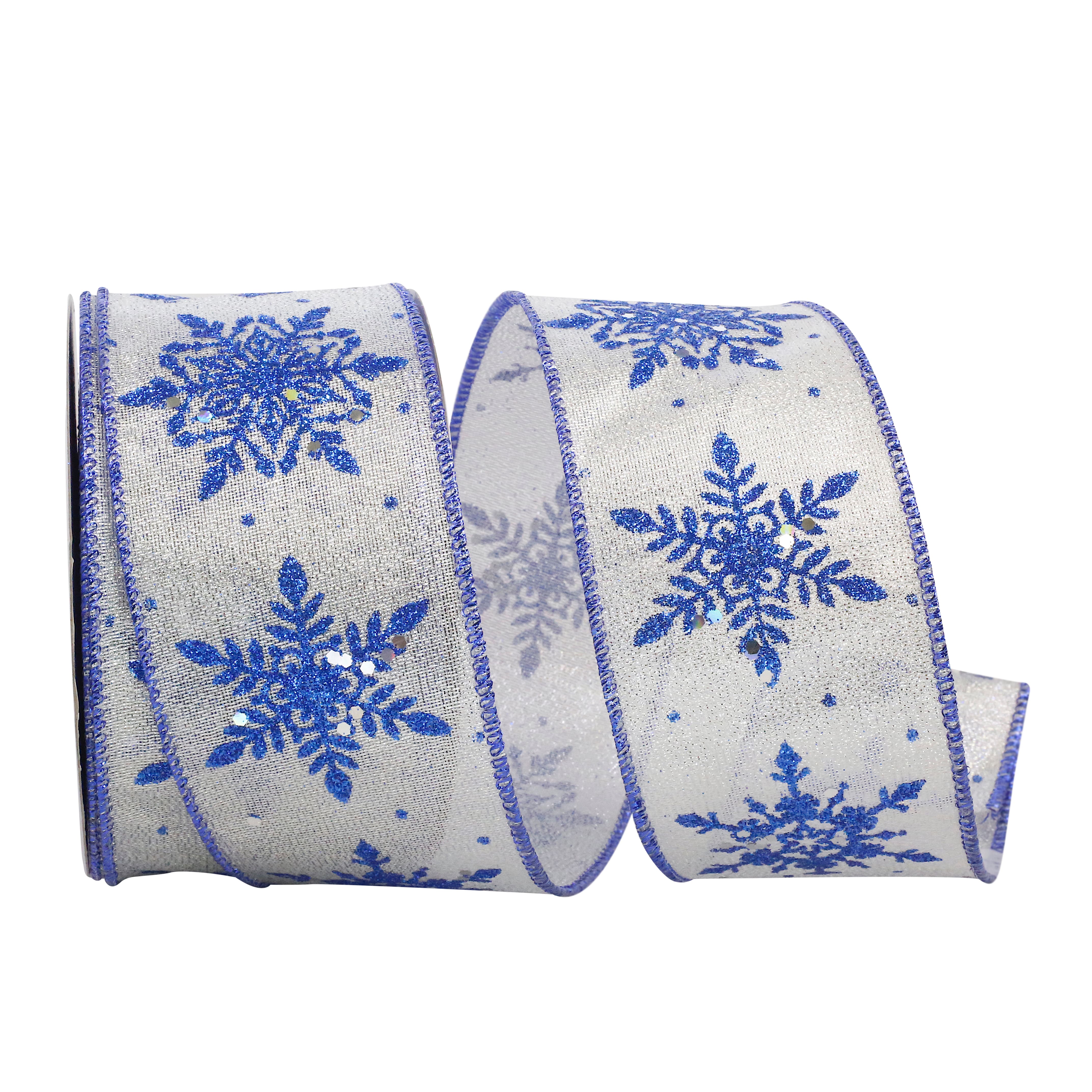 Reliant 2.5" x 20yd. Blue & Silver Glitter Snowflakes Glimmer Wired Ribbon