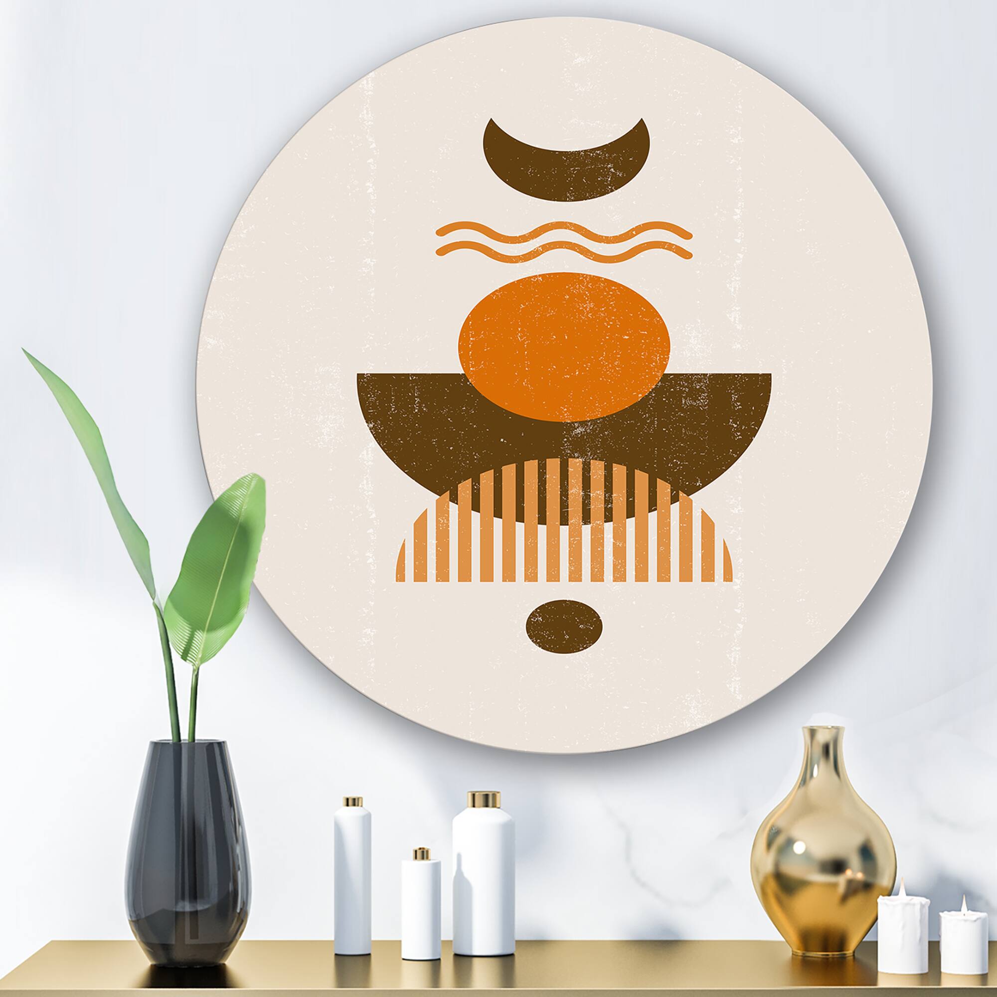 Designart - Abstract Sun and Moon In Earth Tones - Modern Metal Circle Wall Art
