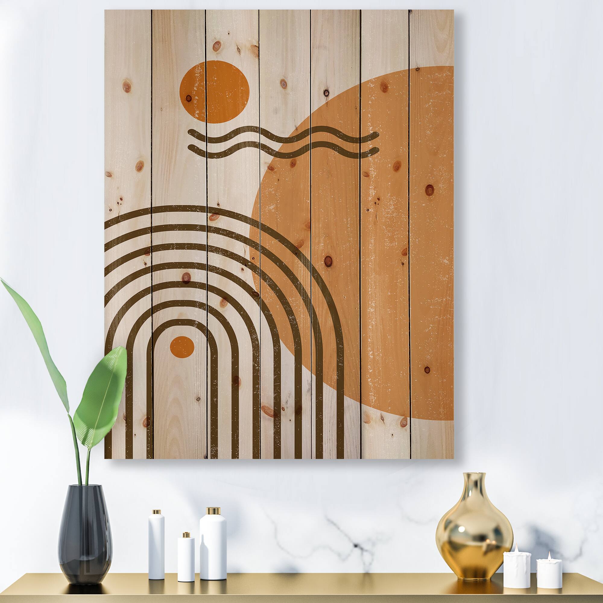 Designart - Abstract Rainbow Sun and Moon In Earth Tones II - Modern Print on Natural Pine Wood