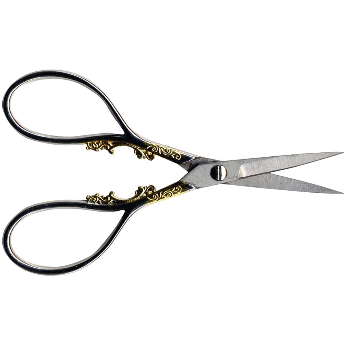 Sullivans 4&#x22; Gunmetal &#x26; Gold Heirloom Embroidery Scissors Teardrop Handle