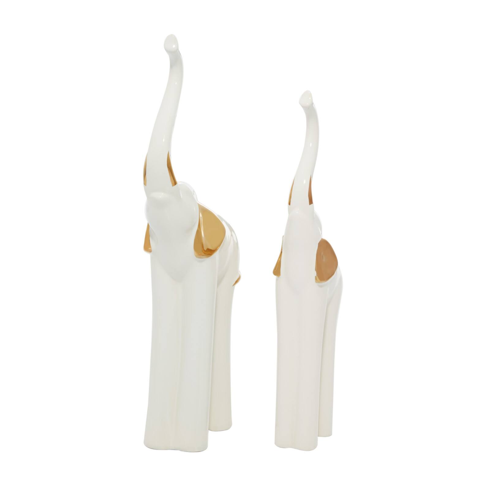 Set of 2 Gold Porcelain Glam Elephant Sculpture, 14", 16"