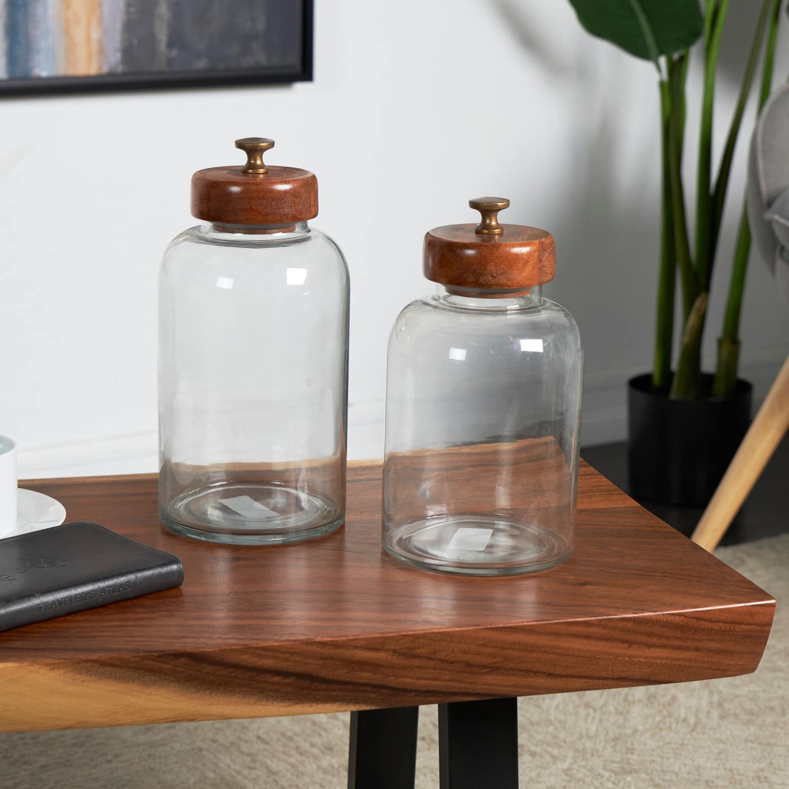 Clear Glass Canisters with Brown Removable Lids Set
