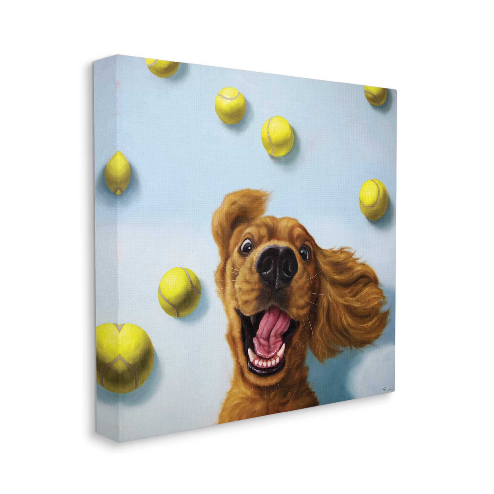 Stupell Industries Happy Smiling Pet Dog with Yellow Tennis Balls Canvas Wall Art in Blue | 24" x 24" | Michaels&reg;