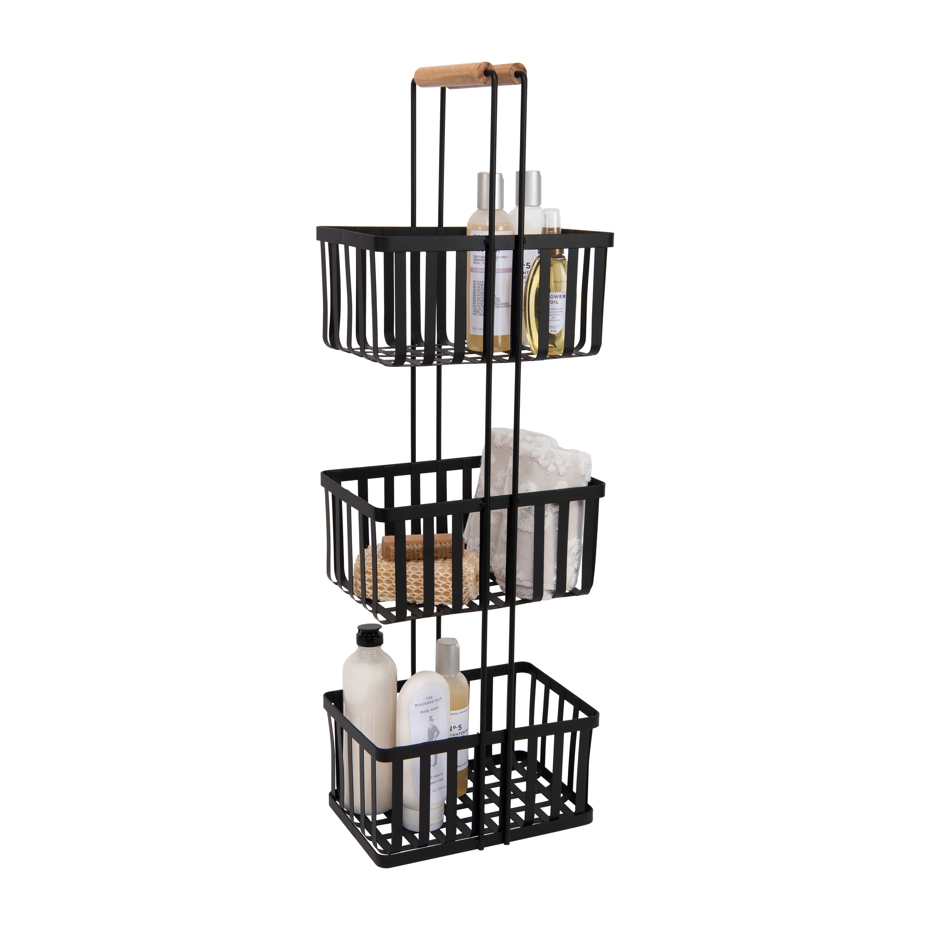 Simplify Black 3 Tier Metal Spa Tower with Bamboo Handles