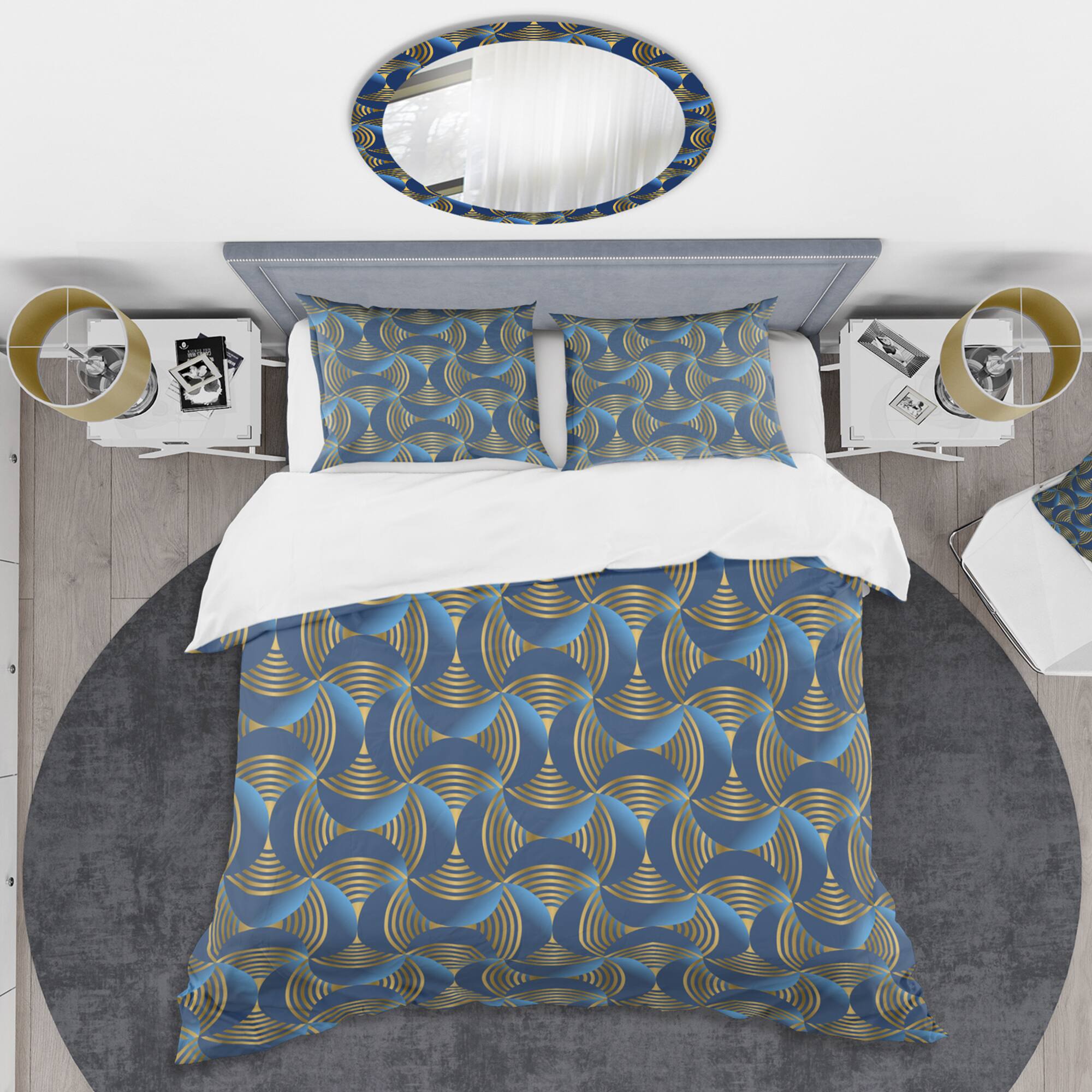 Designart 'Geometric abstract waves in gold and marine blue' Mid-Century Duvet Cover Set