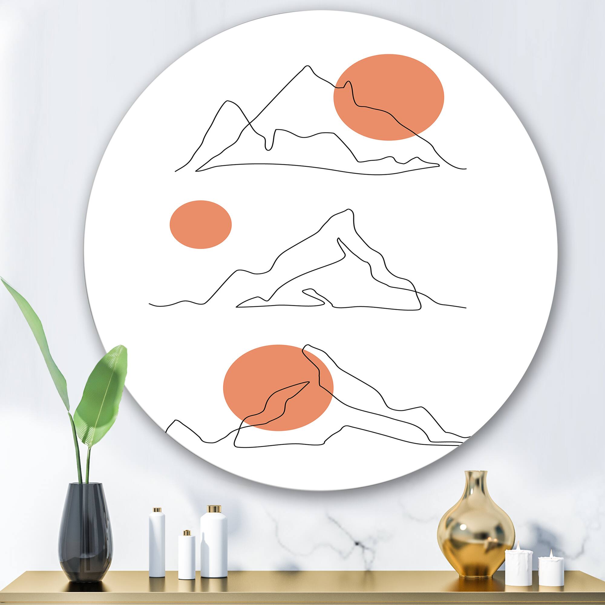 Designart - Abstract Mountain Range With Red Moons - Modern Metal Circle Wall Art