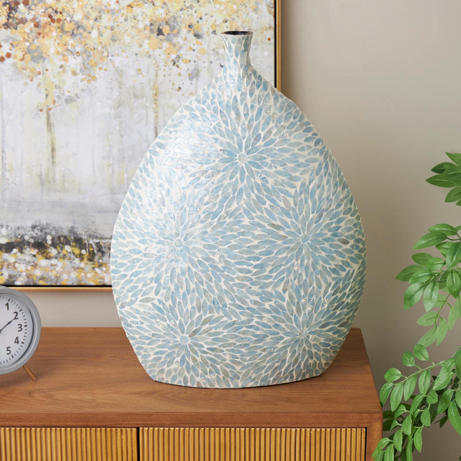 24&#x22; Light Blue Mother of Pearl Shell Floral Handmade Large Mosaic Vase with Cream Underlay