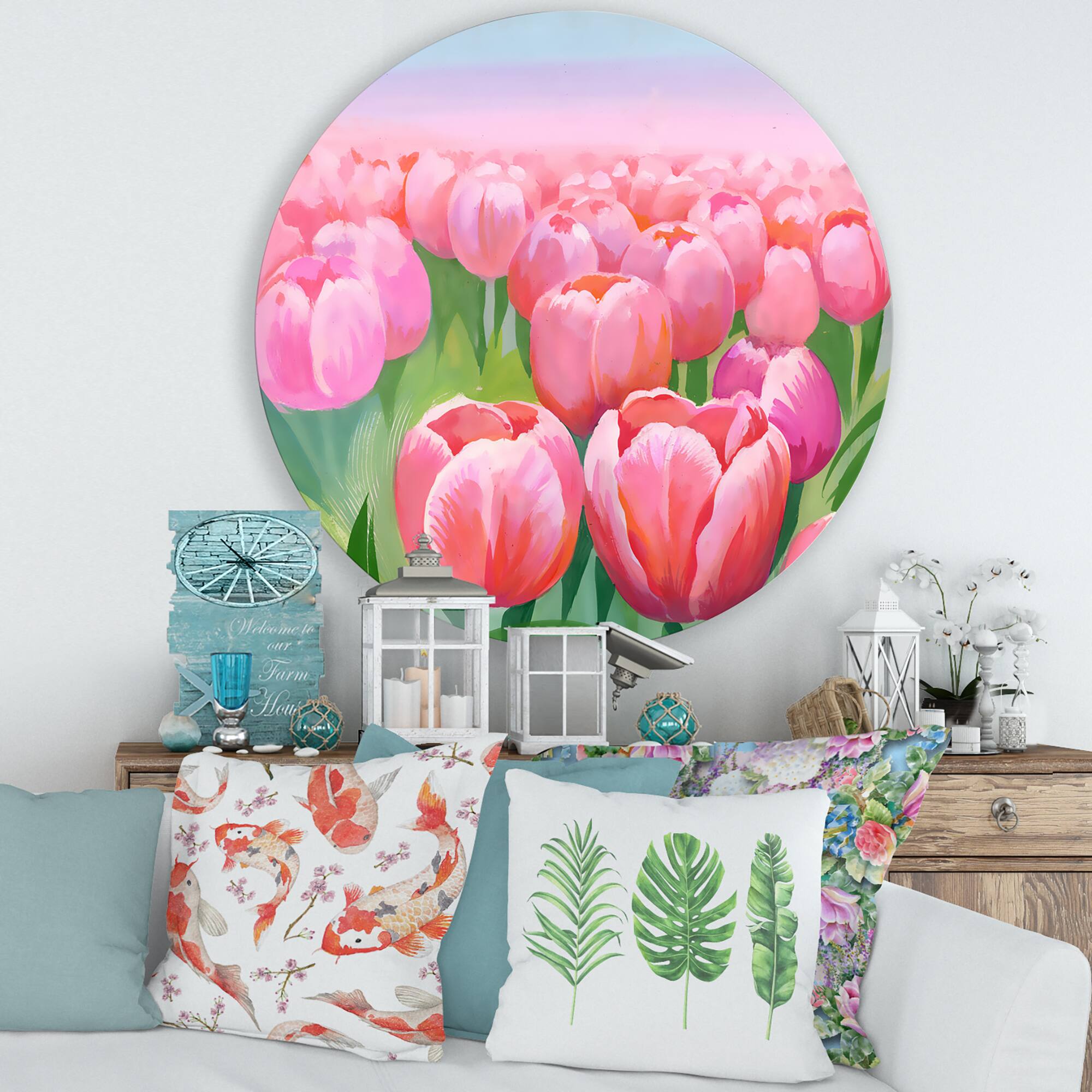 Designart - Field of Pink Tulips - Traditional Metal Circle Wall Art
