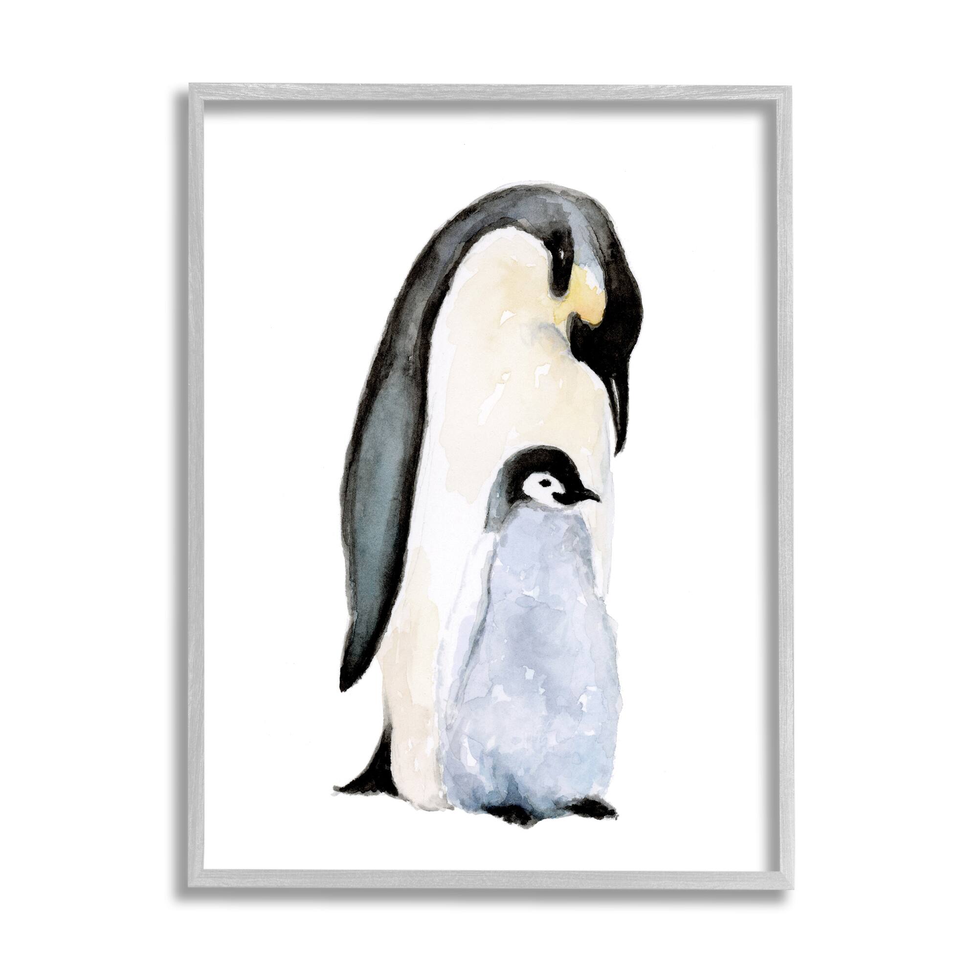 Stupell Industries Penguin and Chick Watercolor Painting Children&#x27;s Nursery Arctic Framed Wall Art