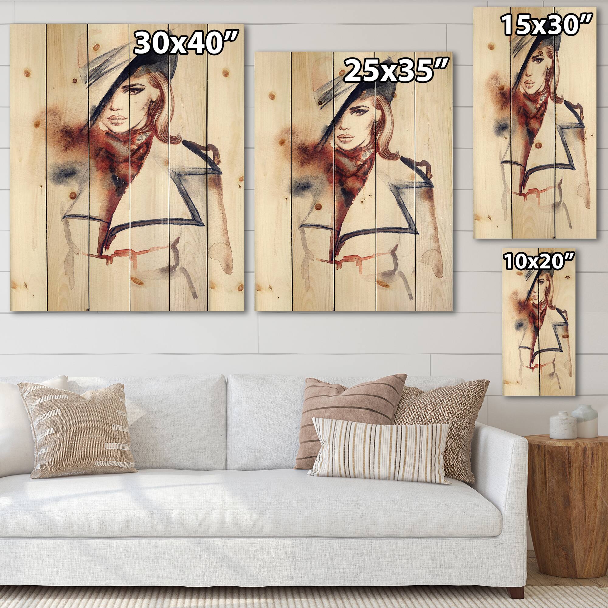 Designart - Fashion Portrait of Woman With Ht - Modern Print on Natural Pine Wood