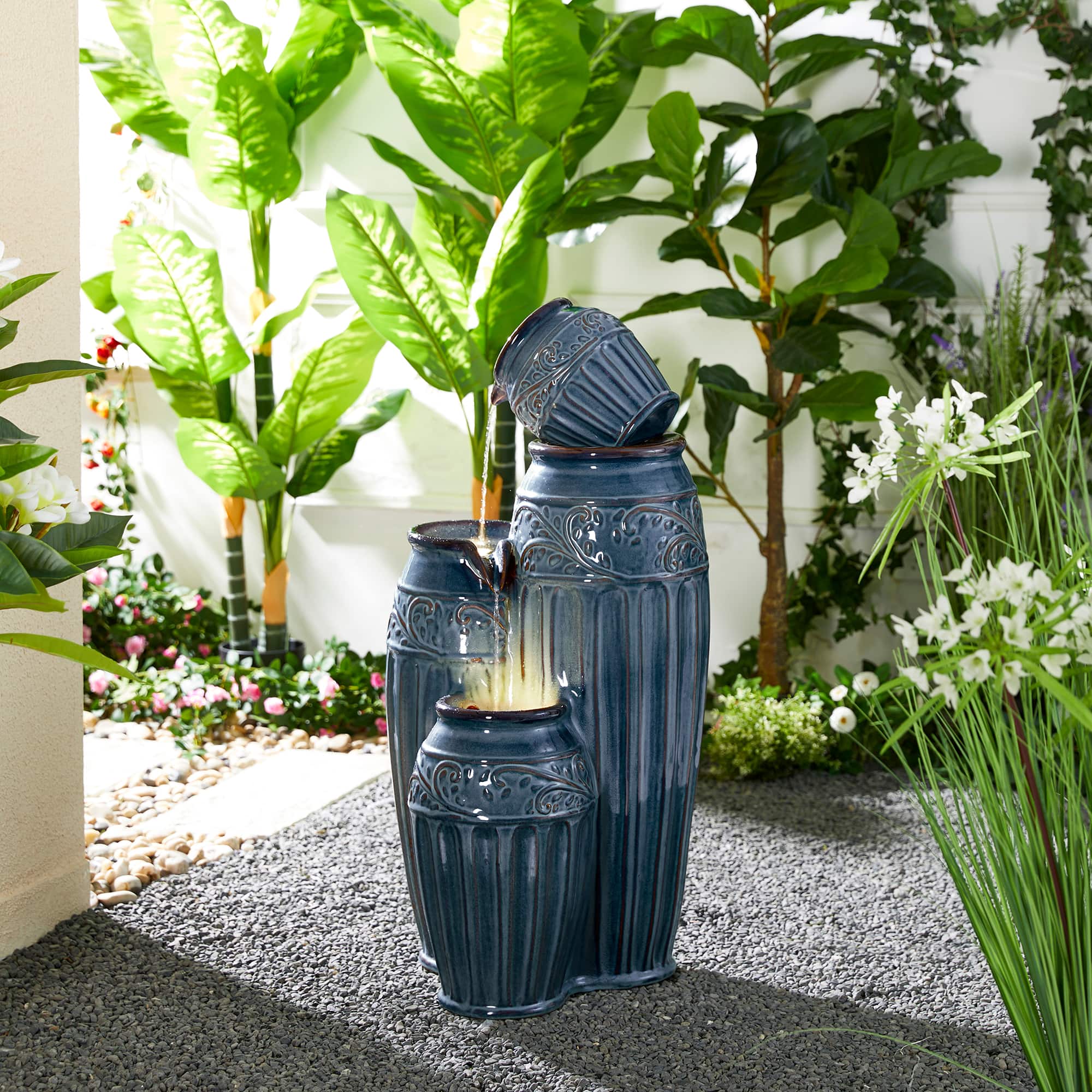 Glitzhome&#xAE; 35.5&#x22; 4-Tier LED Turquoise Embossed Ceramic Pots Outdoor Floor Fountain