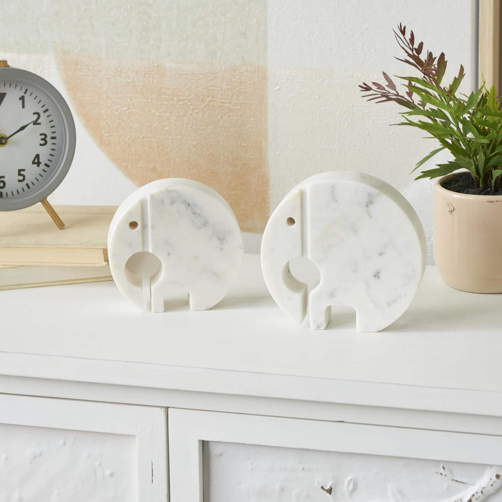 White & Gray Circular Abstract Marble Elephant Sculpture Set