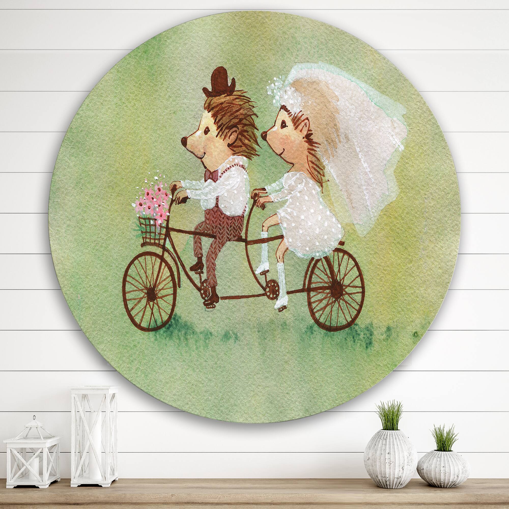 Designart - Couple of Hedgehogs Riding A Bike - Traditional Metal Circle Wall Art