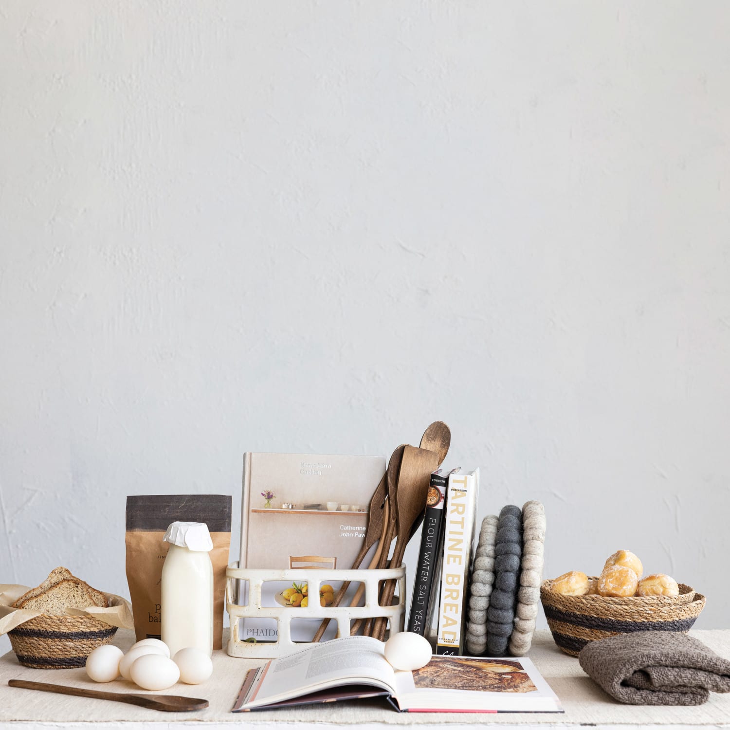 Distressed Matte White Stoneware Food Storage Basket