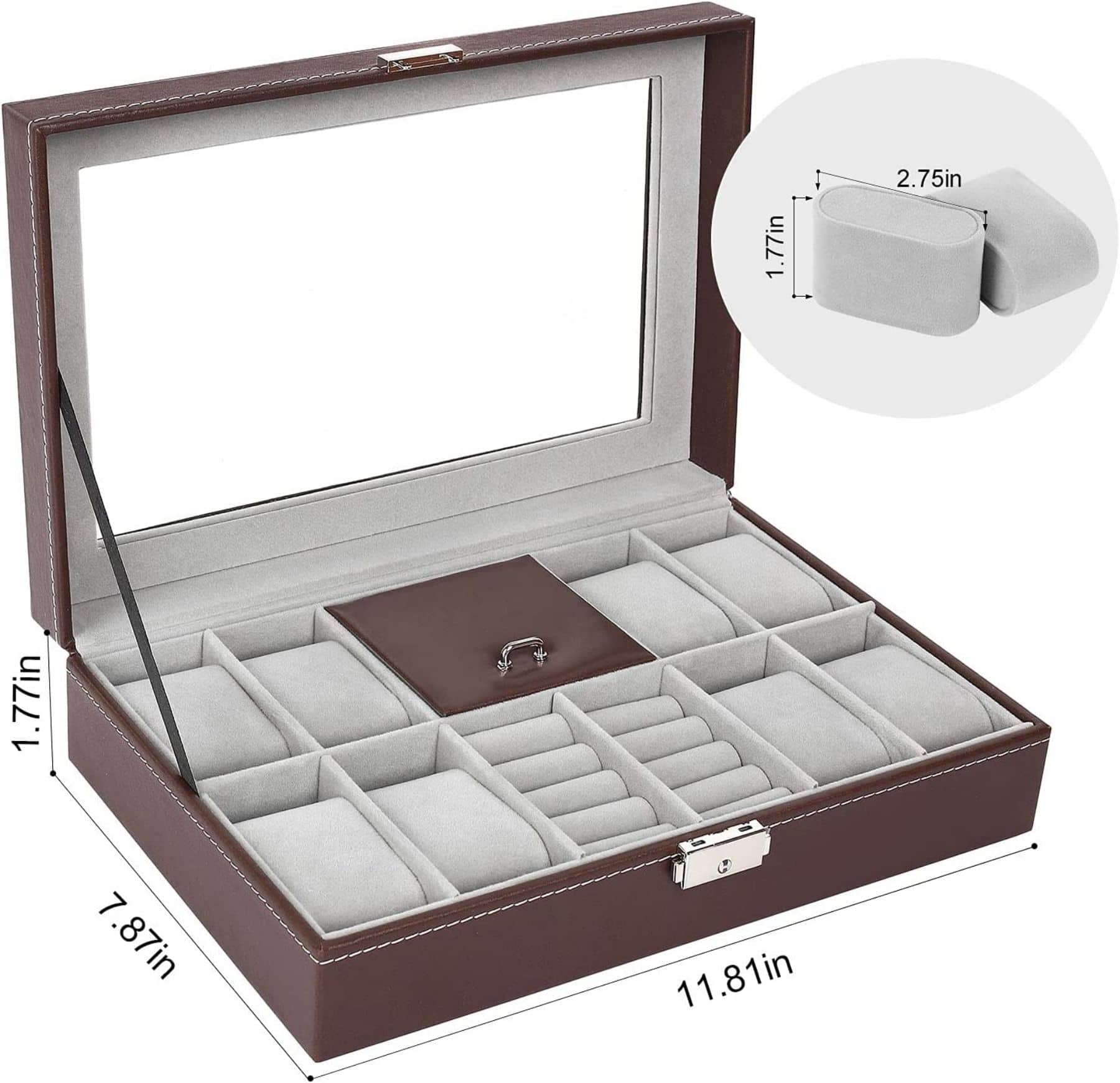 NEX™ 12" 8-Slot Brown Lockable Artificial Leather Watch Case Organizer