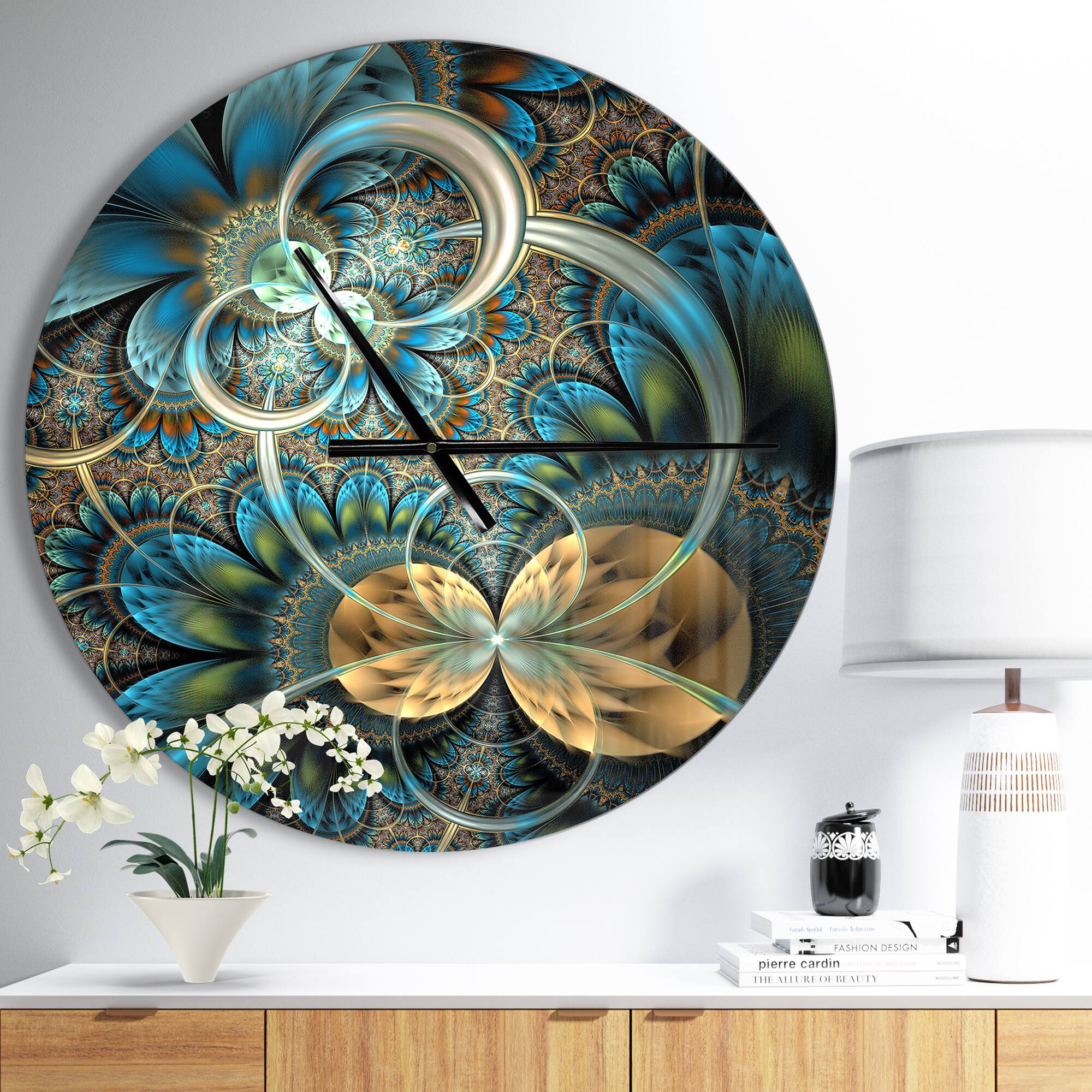 Designart Symmetrical Blue Gold Fractal Flower Modern Wall Clock