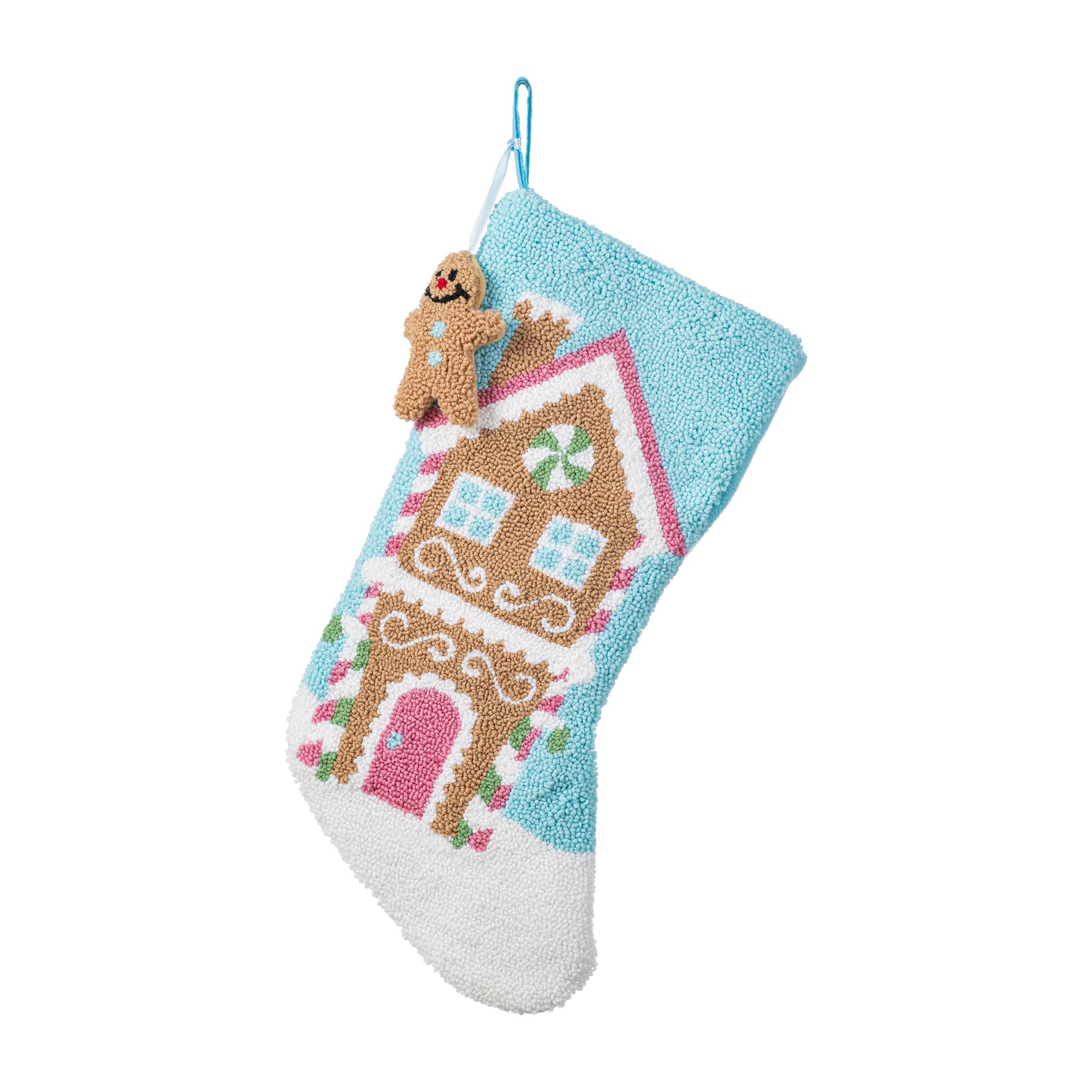 Glitzhome&#xAE; 21&#x22;L Hooked Gingerbread House Stocking with Gingerbread Man Ornament