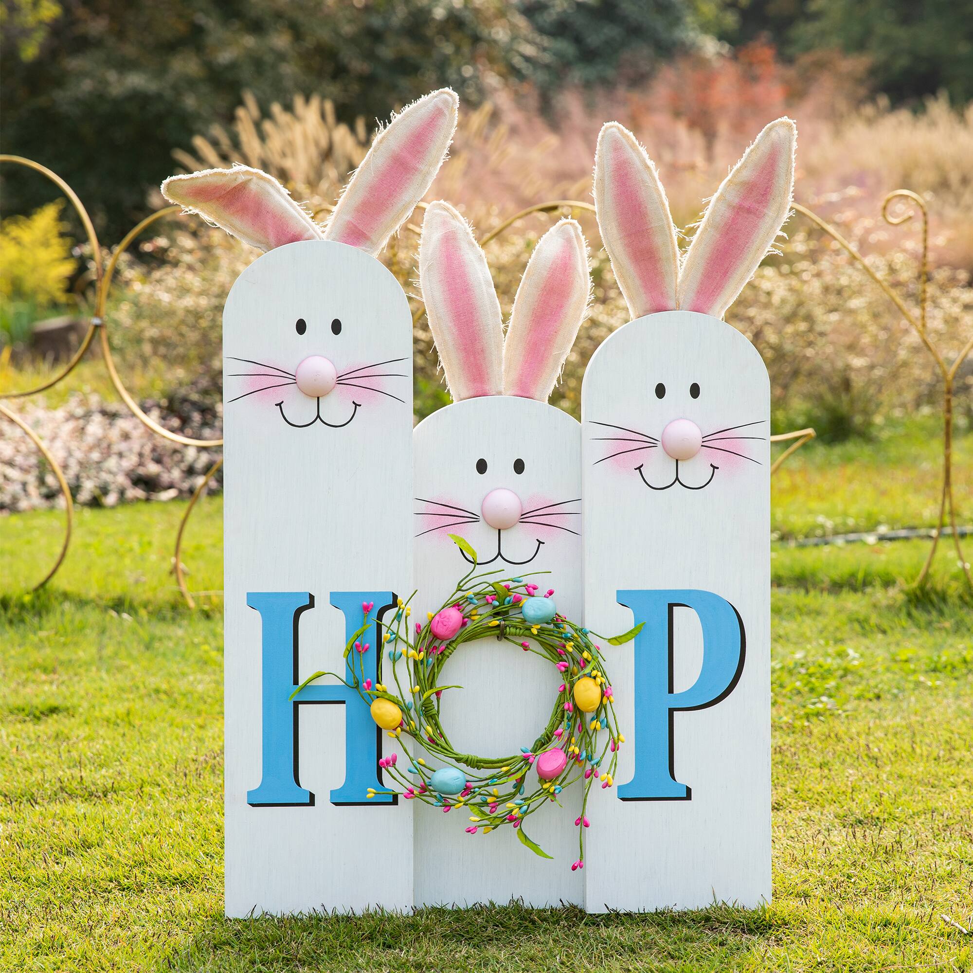 Glitzhome® 29.5" Easter Bunny Family HOP Wooden Porch Sign