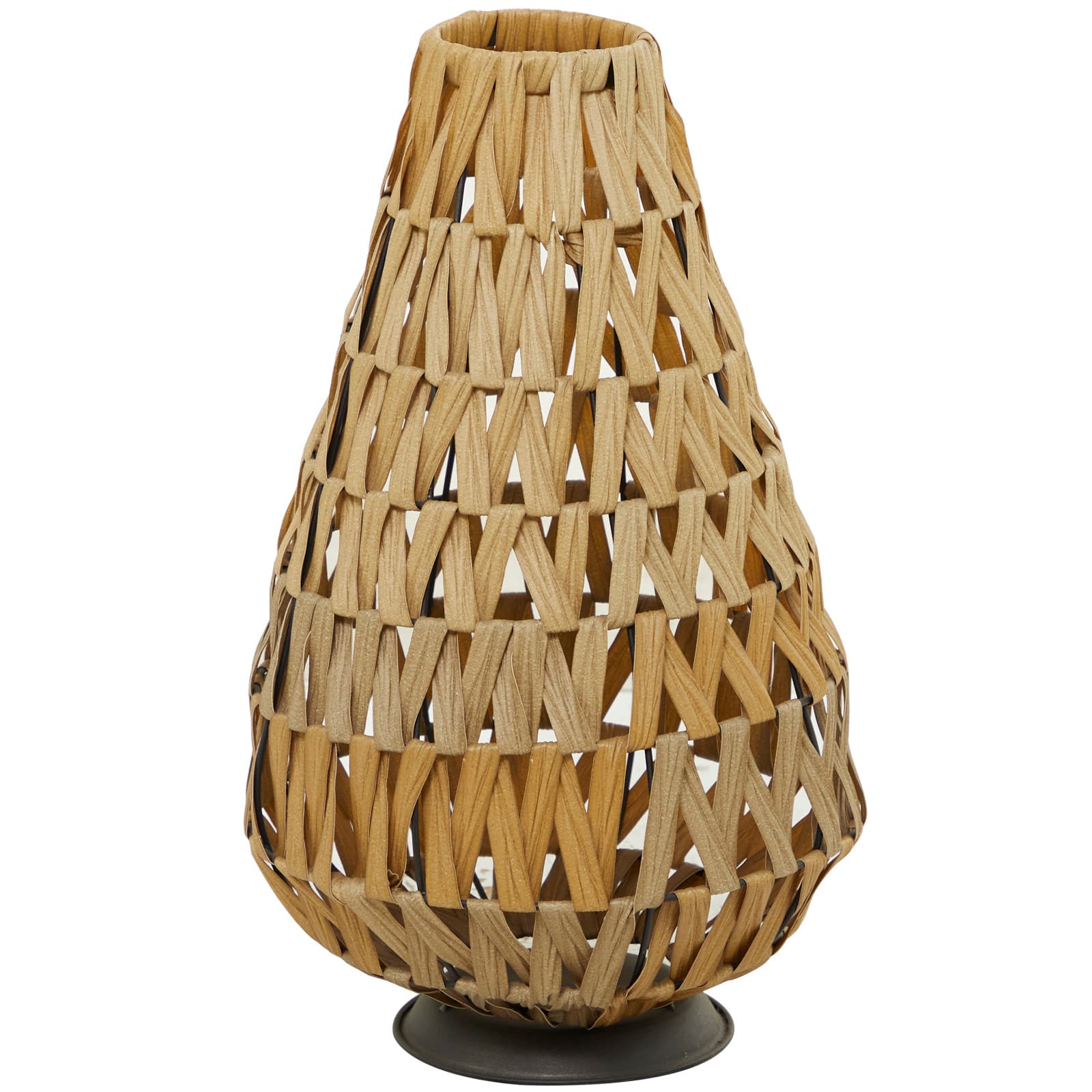 19" Light Brown Plastic Rattan Handmade Candle Lantern with Wrapped Zig Zag Design