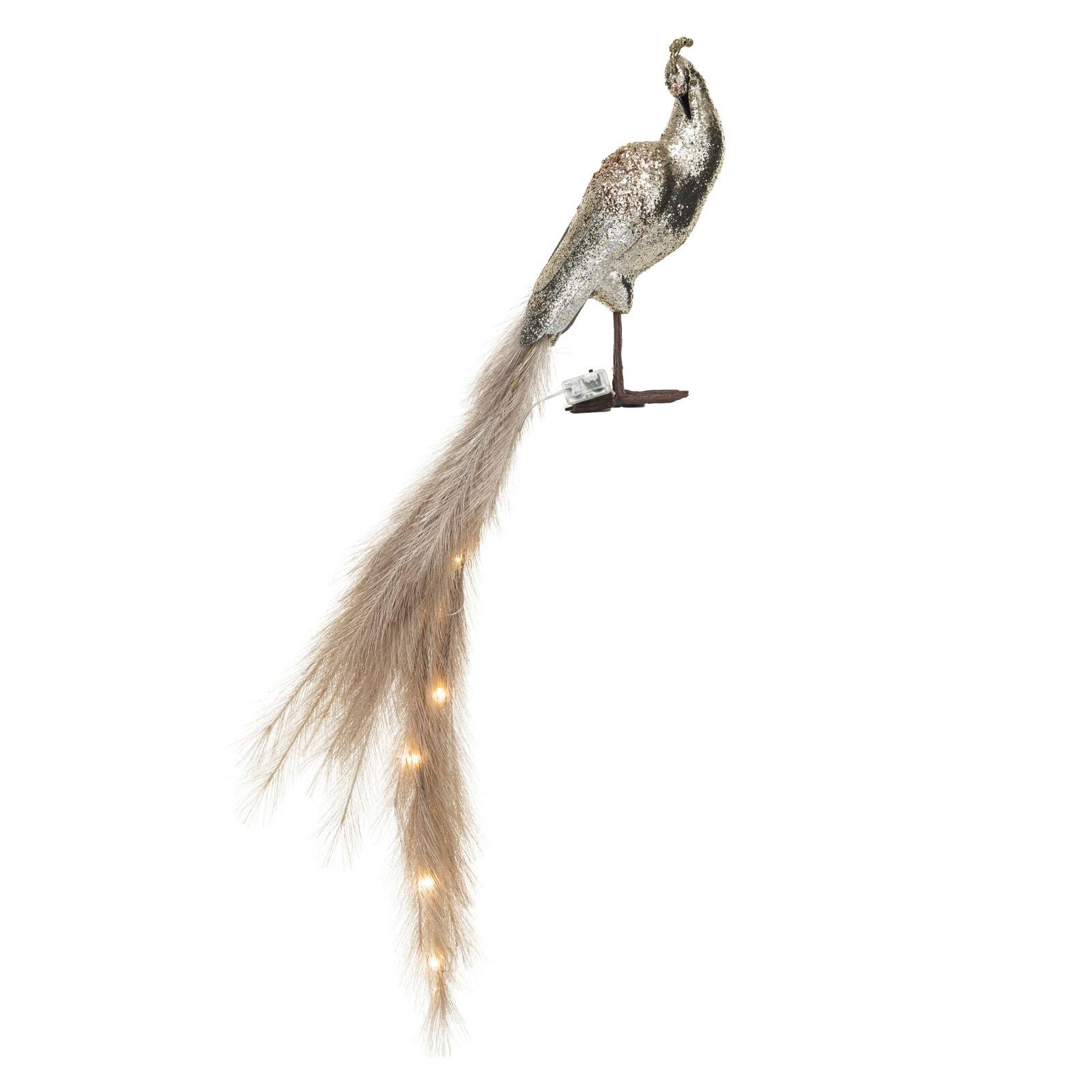 Hello Honey&#xAE; 11&#x22; Champagne Fabric &#x26; Feather Peacock with Glitter and LED Lights