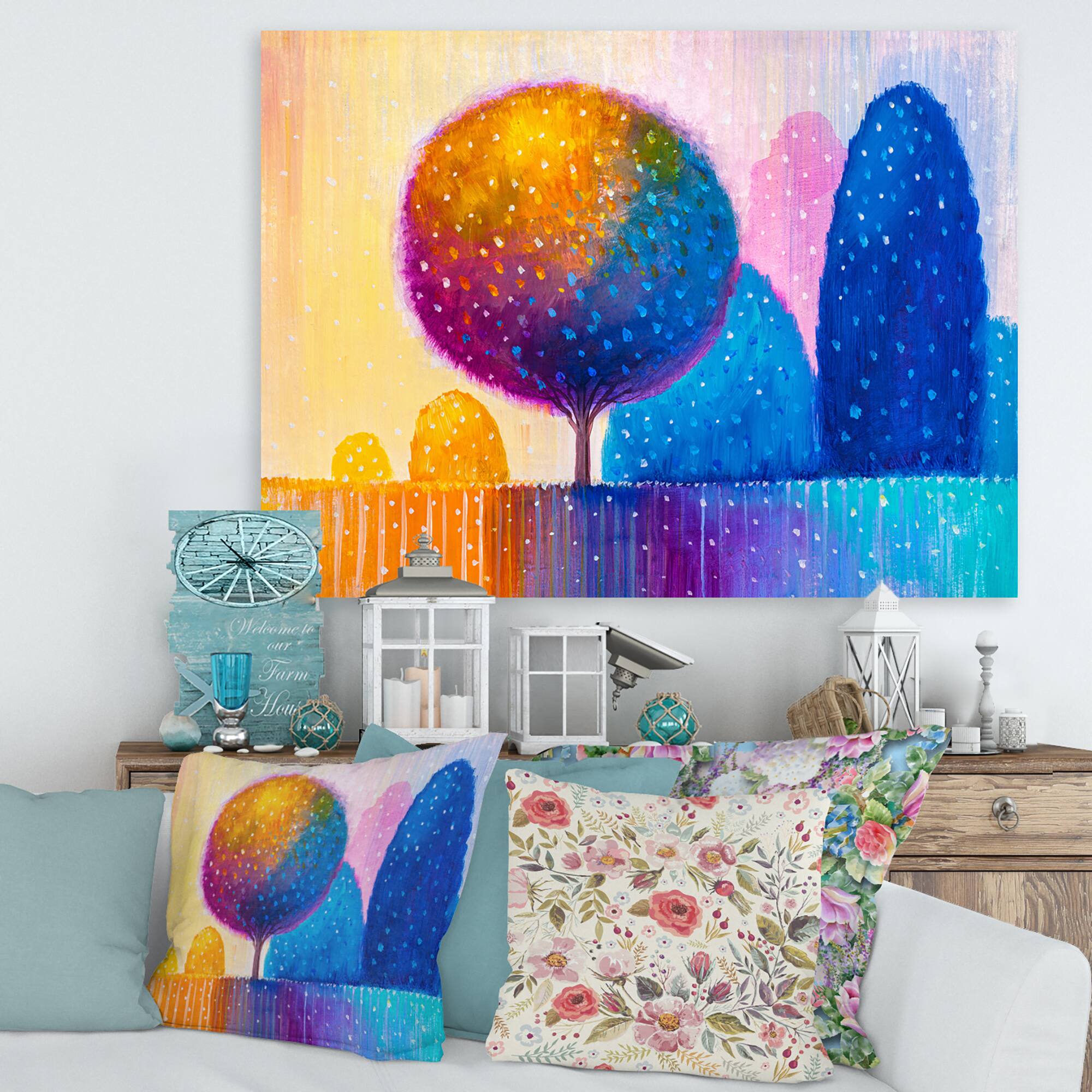 Designart - Colourful Ornamental Trees X - Modern Canvas Wall Art Print