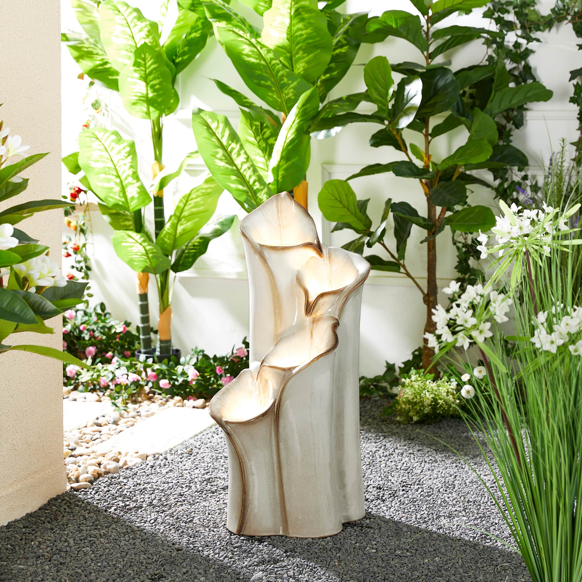 Glitzhome® 31.25" 4-Tier LED Lotus Leaf Textured Ceramic Vase Outdoor Floor Fountain