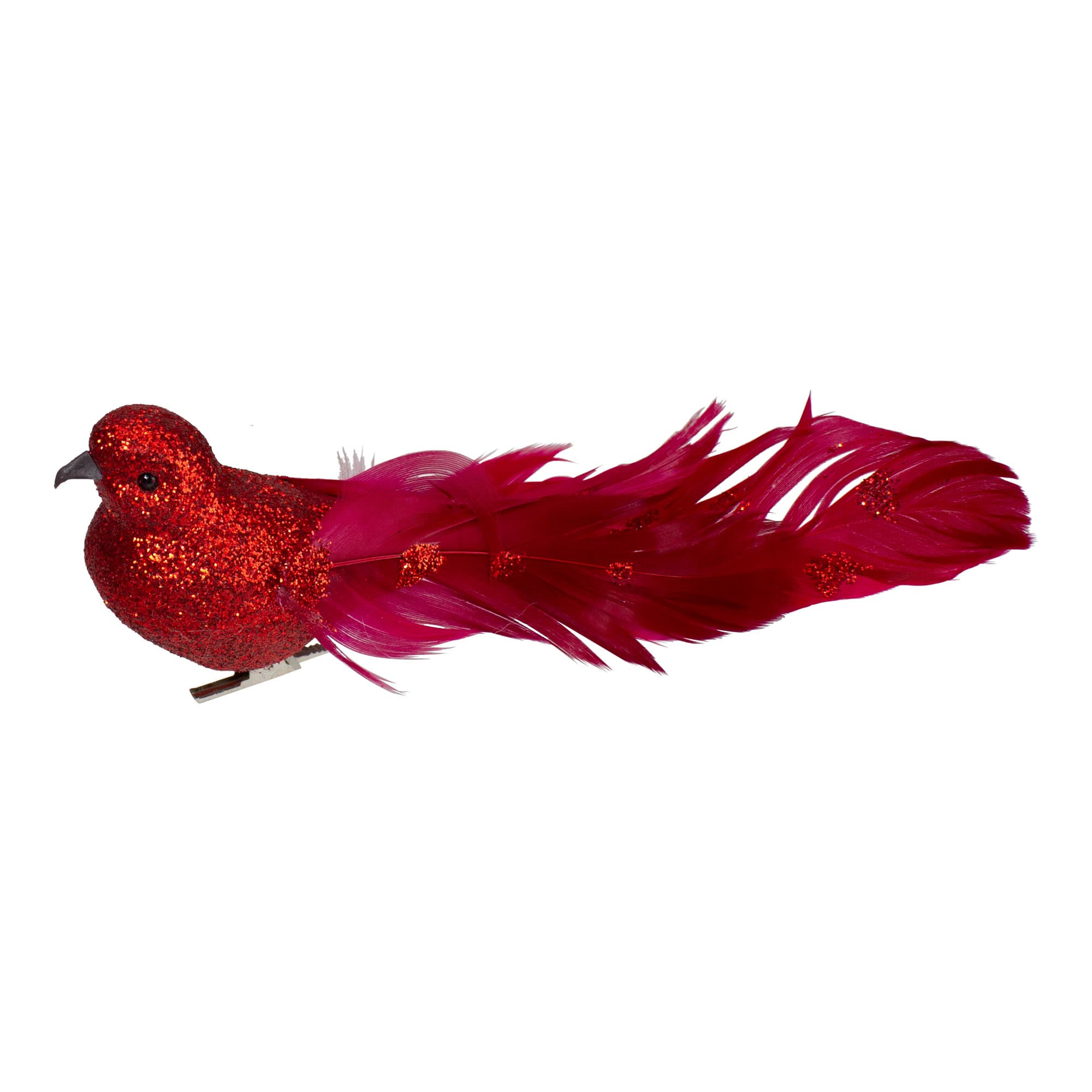 Glittered Bird With Feather Tail Christmas Clip On Ornament - 7&#x22; - Red