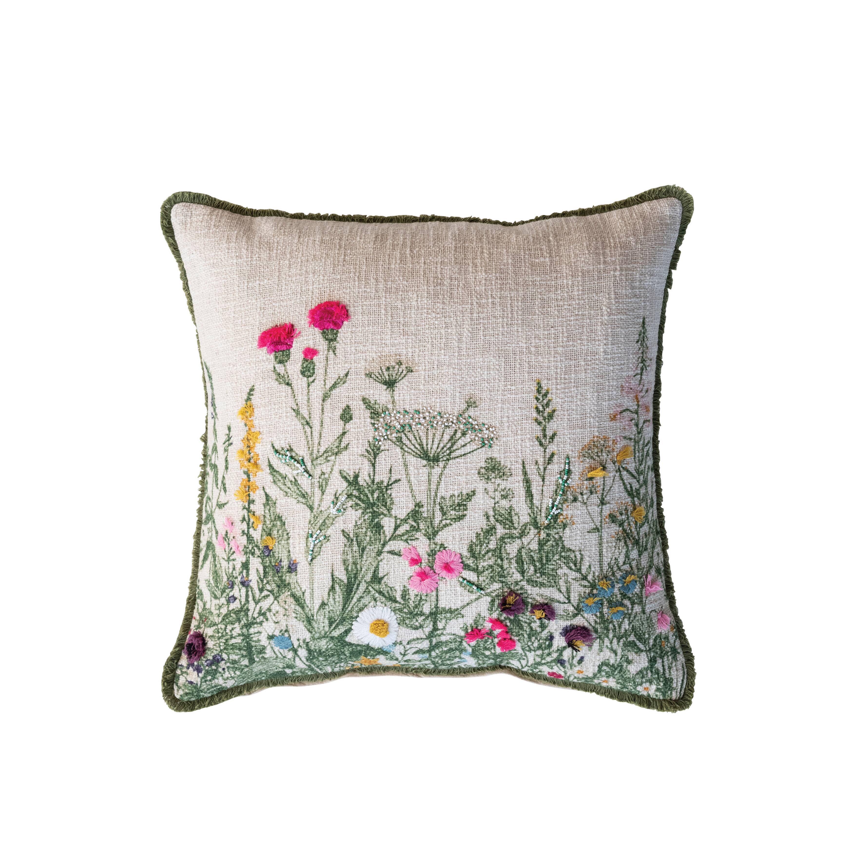 Hello Honey&#xAE; 18&#x22; Multicolor Flower Embroidery, Beads &#x26; Lace Trim Cotton Slub Pillow