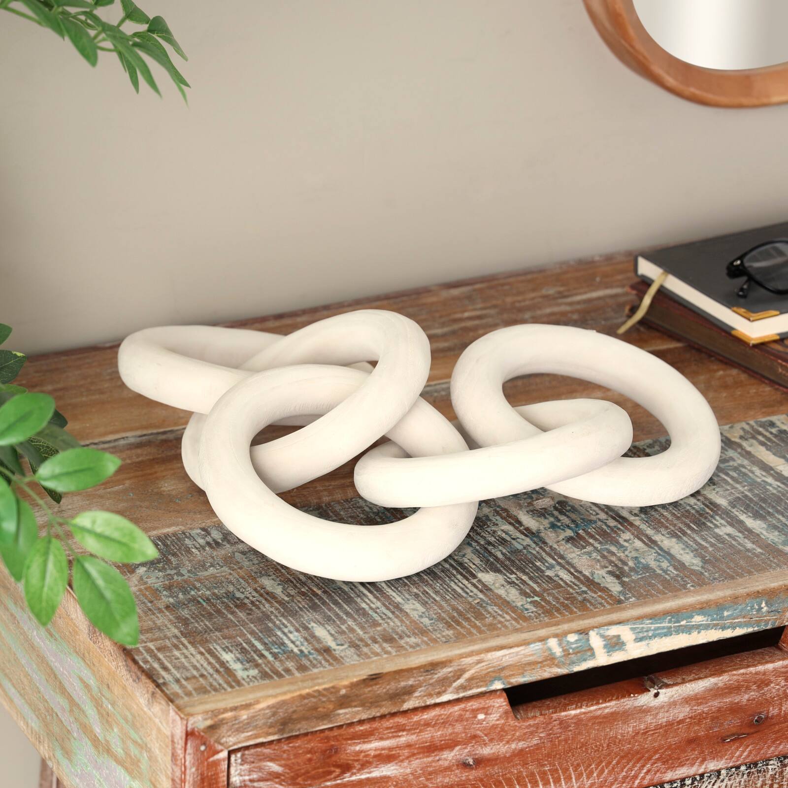 25" White Wood Chain 5 Link Sculpture with Natural Wood Grain