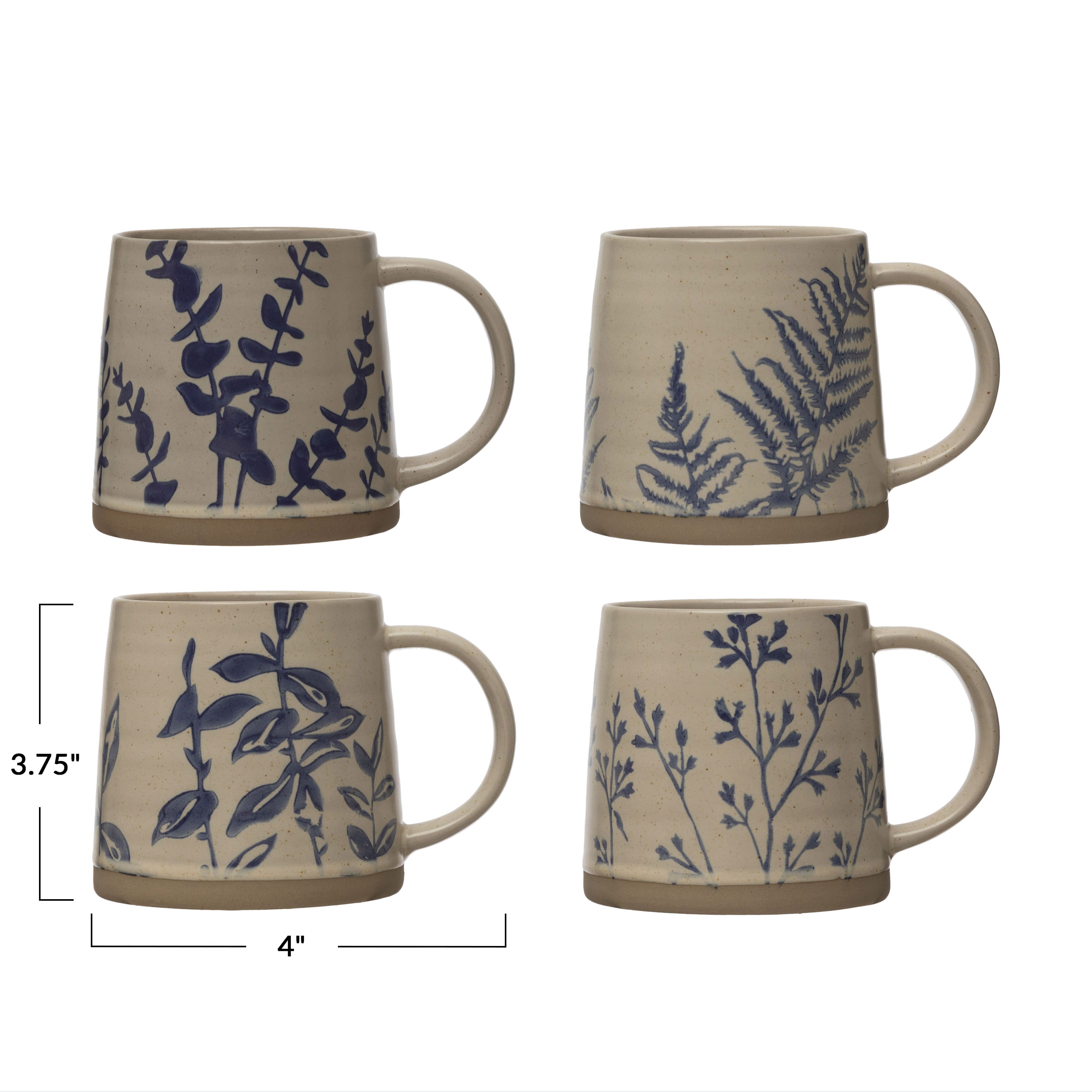 16oz. Antique Blue and White Hand Stamped Stoneware Mug Set with Wax Relief Botanical Design