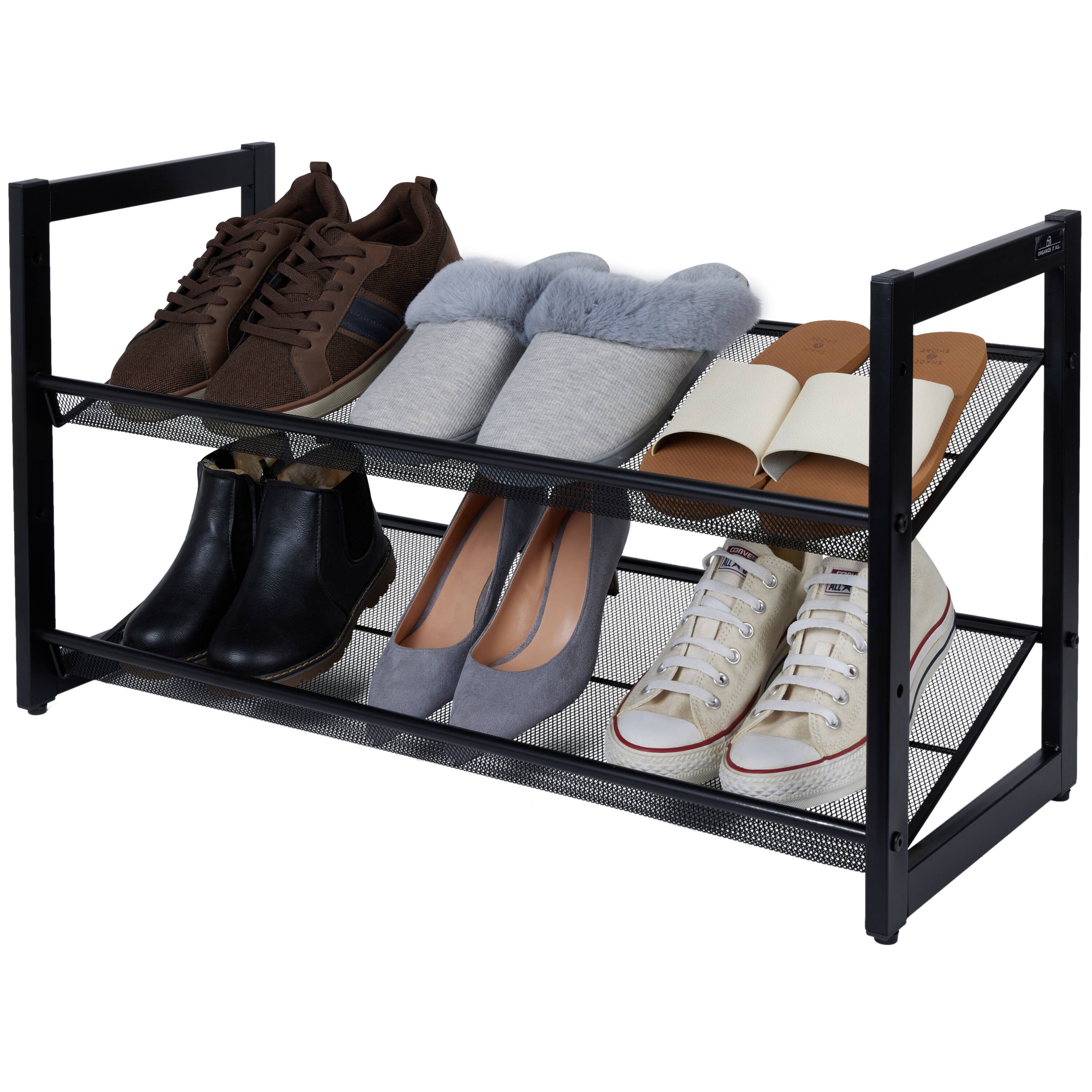 Organize It All 30" Black 2 Tier Adjustable Mesh Shoe Rack