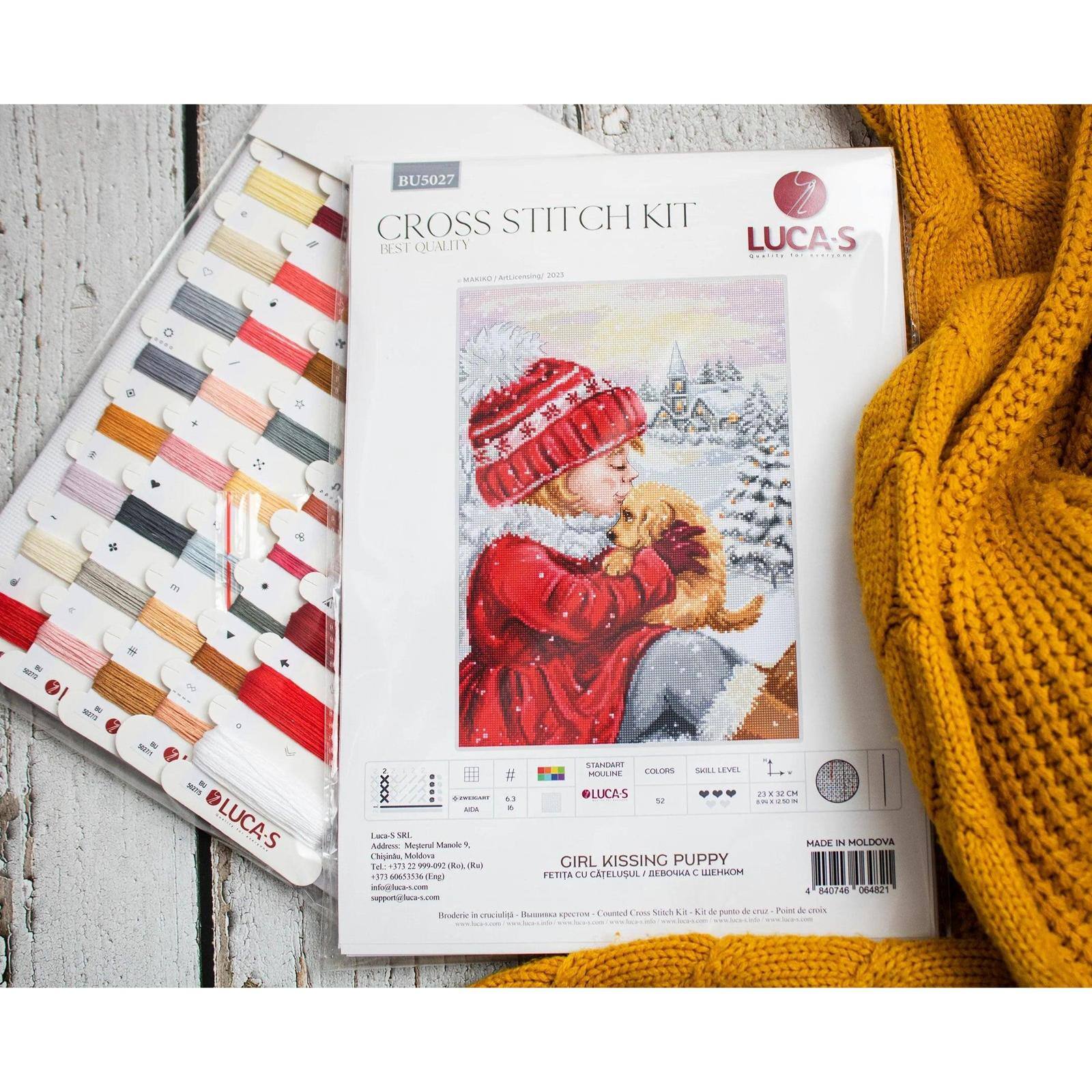 Luca-S Girl Kissing Puppy Counted Cross Stitch Kit