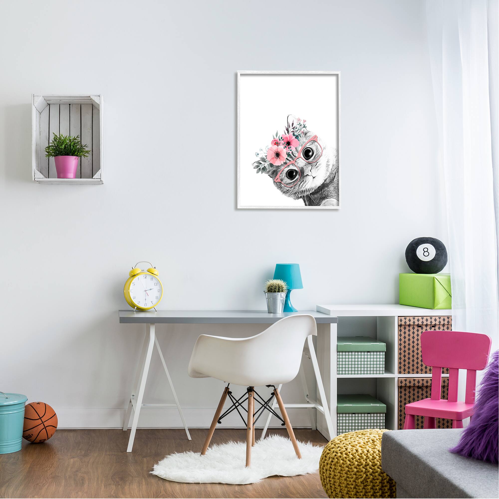 Stupell Industries Pink Flower Crown Cat with Glasses Framed Giclee Art