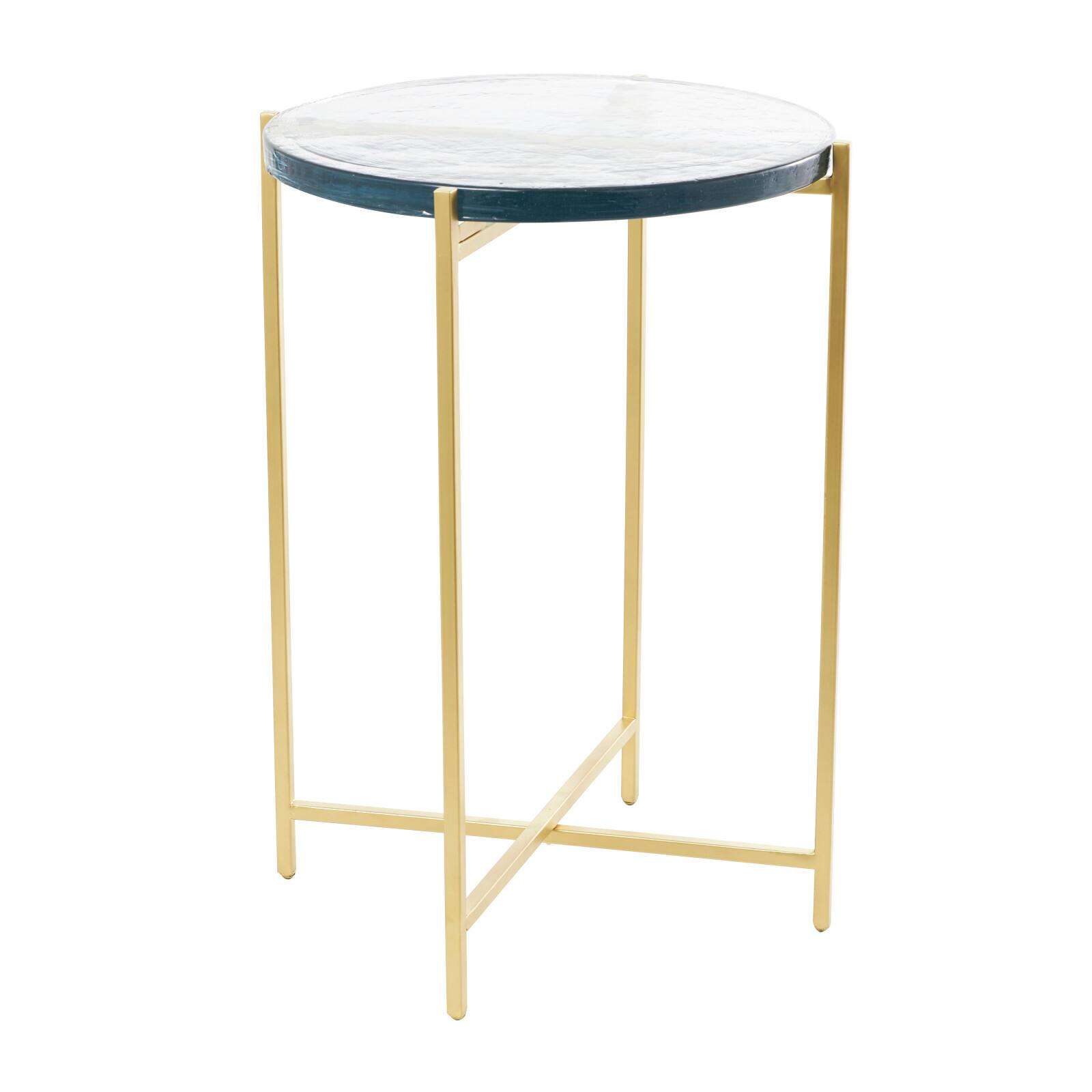 24&#x22; Metal X-Shaped Accent Table with Textured Glass Tabletop