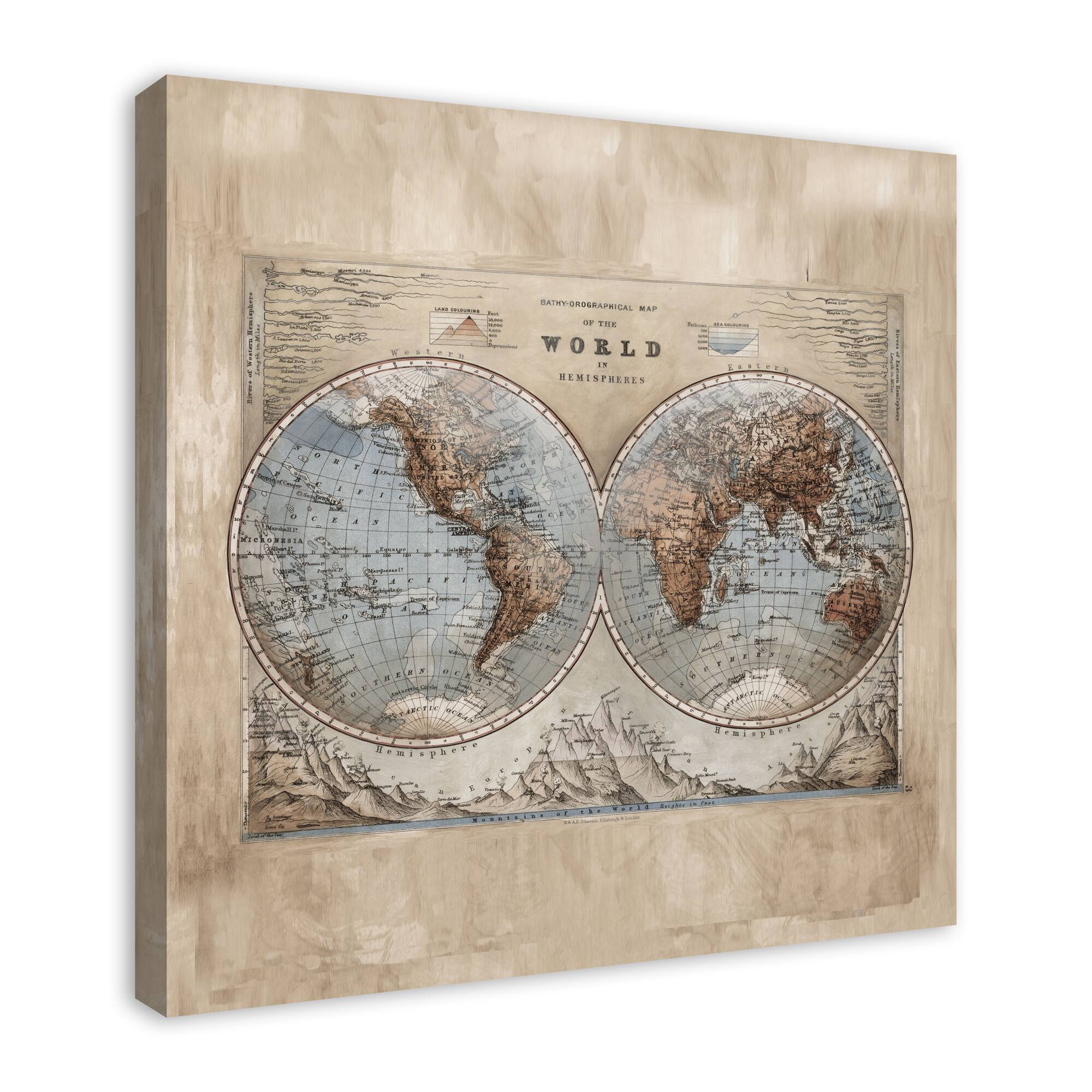World Map Hemispheres 30" x 30" Canvas Wall Art