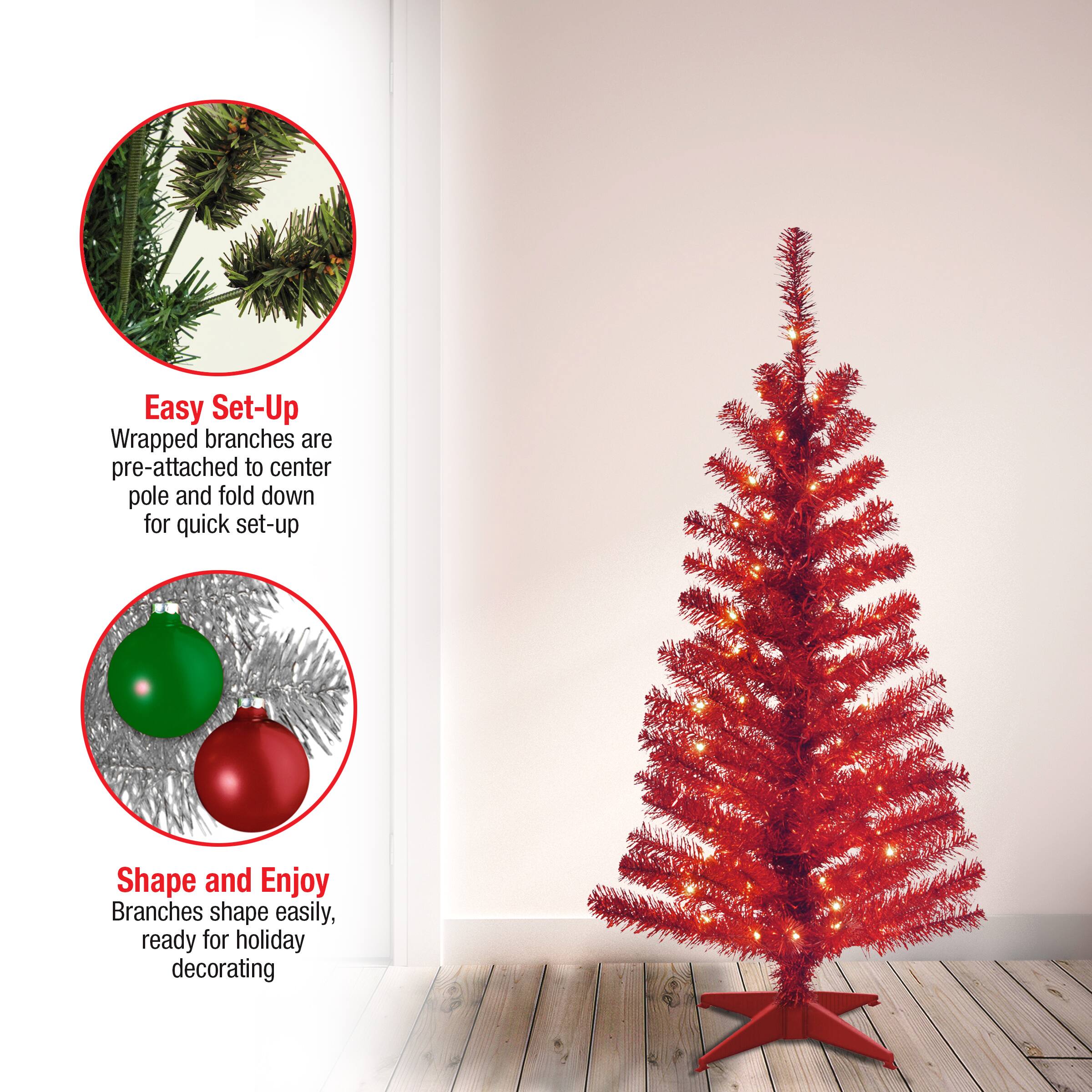 4ft. Pre-Lit Red Tinsel Artificial Christmas Tree, Clear Lights