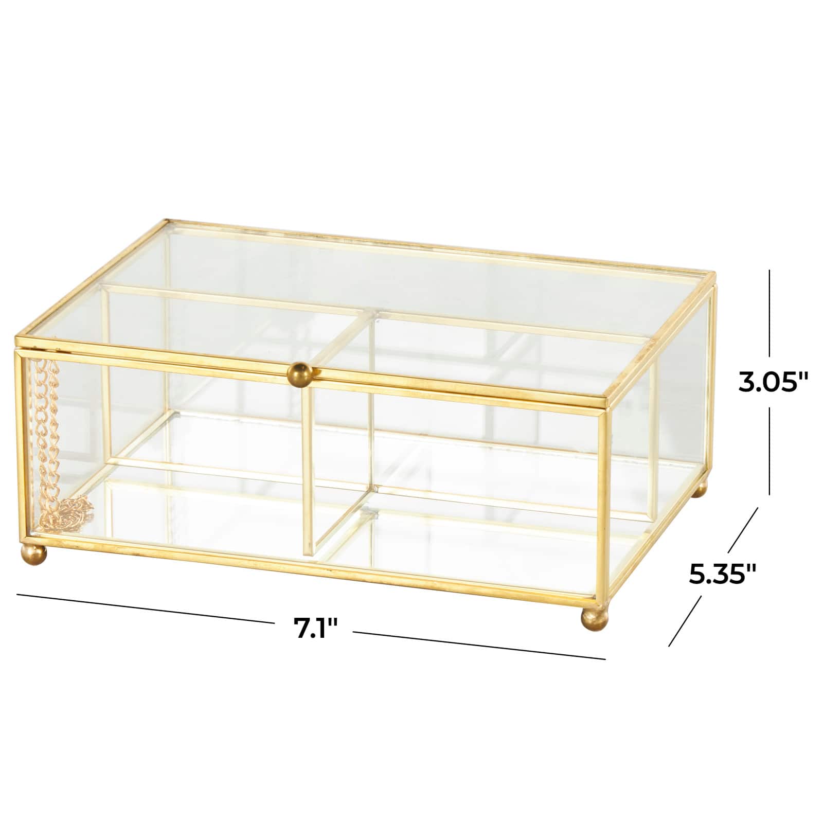 7&#x22; x 5&#x22; x 3&#x22; Clear &#x26; Gold 3-Slot Glass &#x26; Metal Jewelry Box with Chain Accent