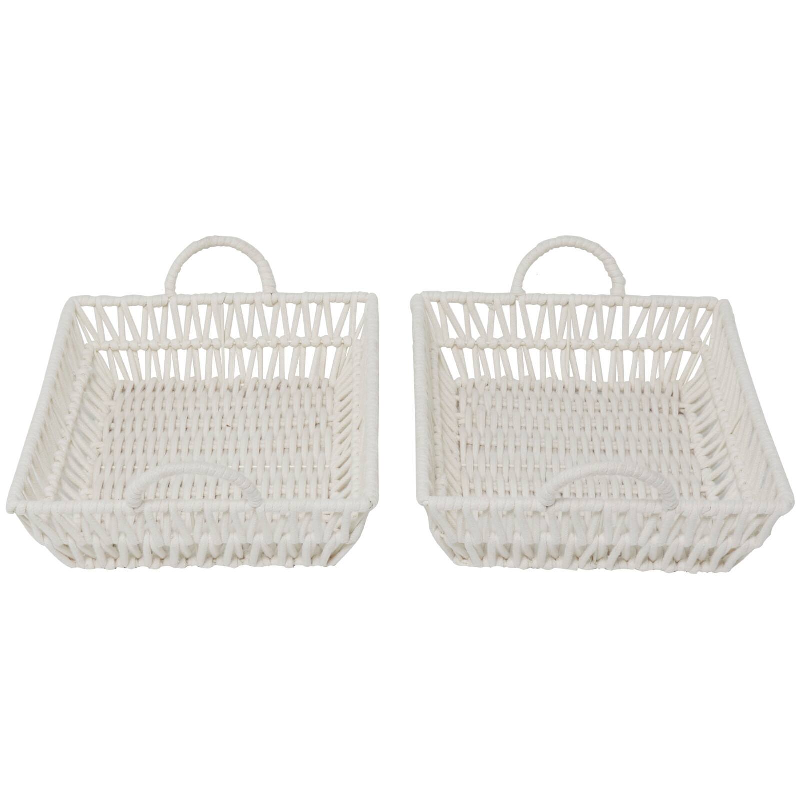White Cotton Handmade Woven Storage Basket with Handles Set of 2 19&#x22;, 18&#x22;