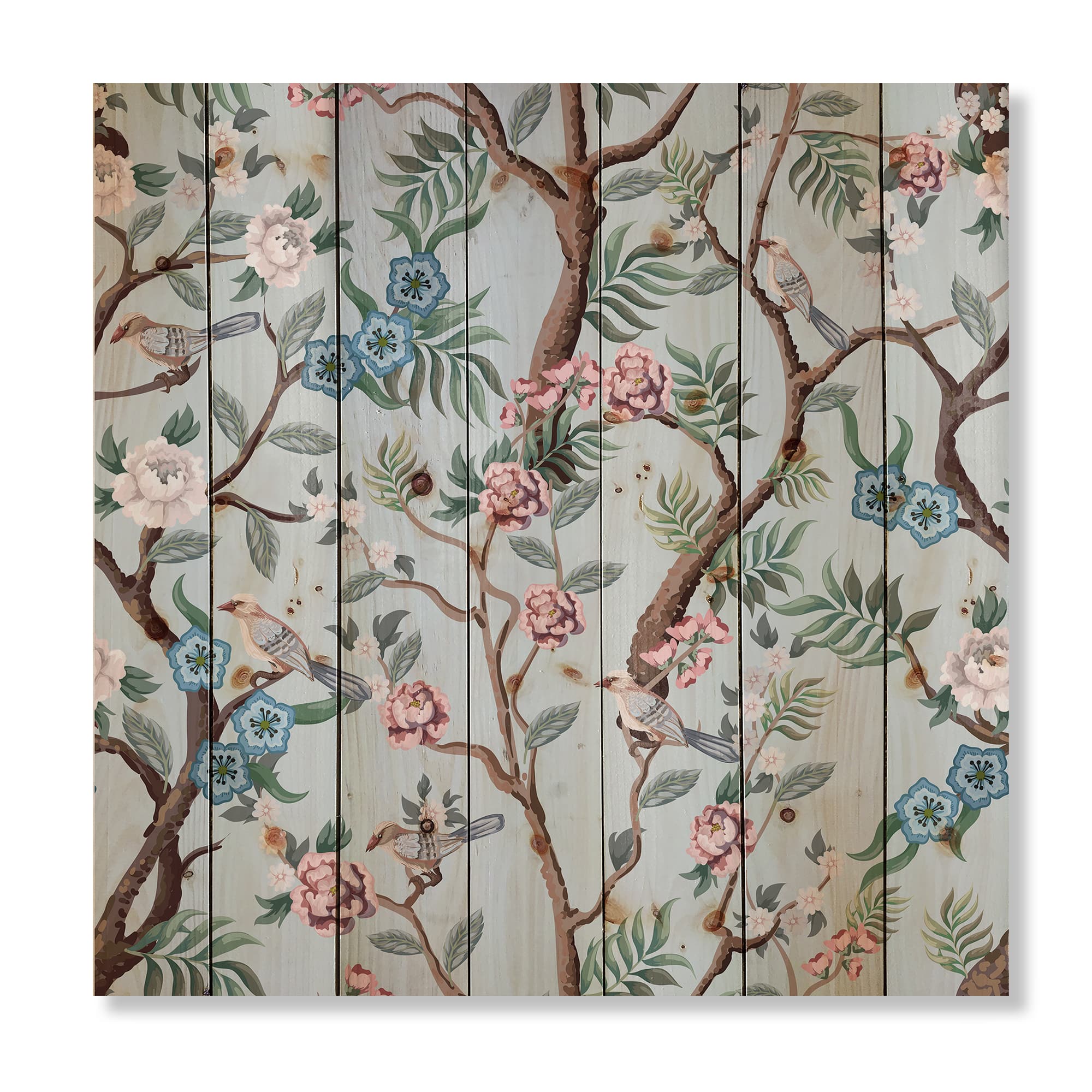 Designart - Chinoiserie With Birds and Peonies X - Traditional Print on Natural Pine Wood