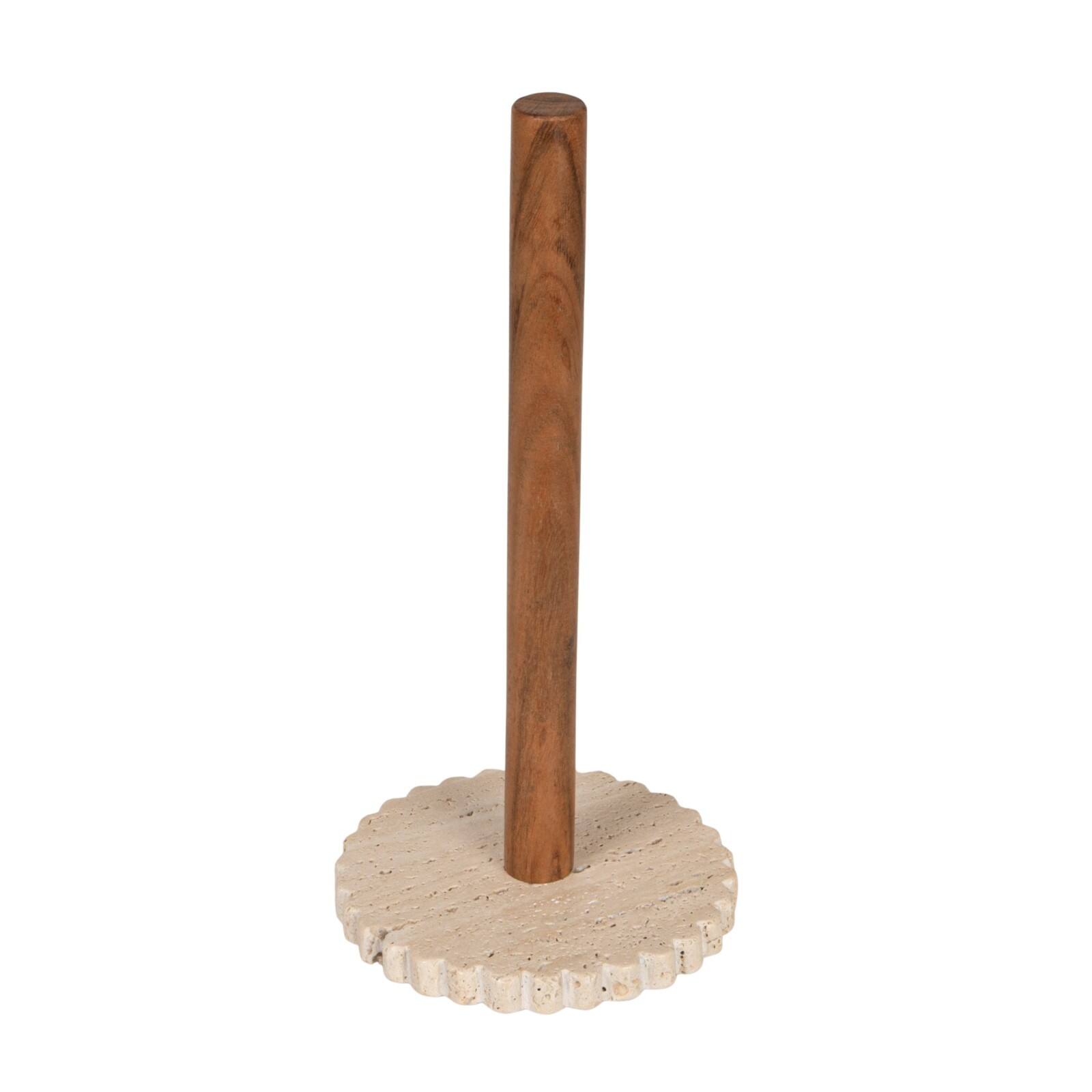 Hello Honey Acacia Wood Paper Towel Holder with Scalloped Travertine Base, Natural and Cream Color