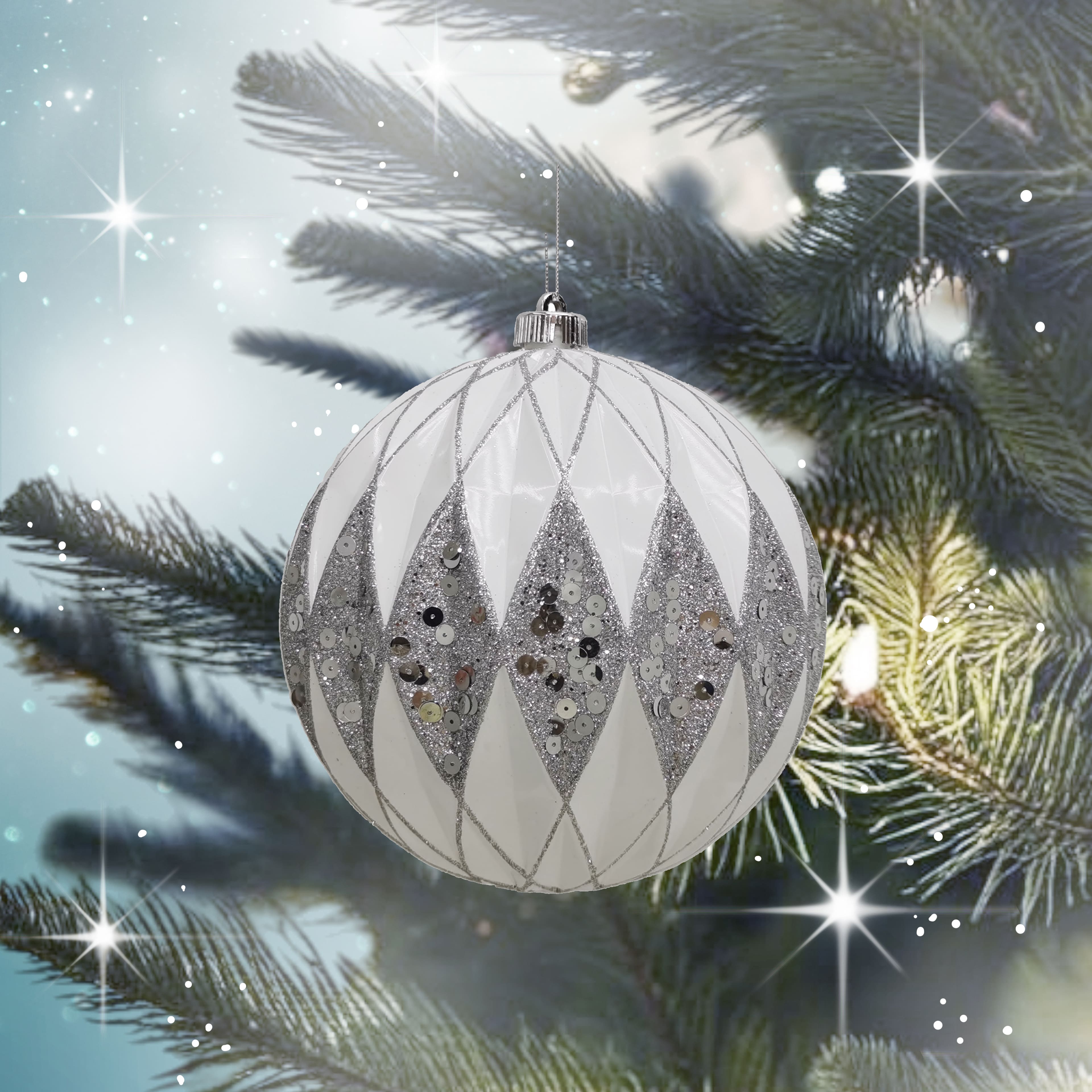 8.5&#x22; White &#x26; Silver Glitter Diamond Ball Ornament by Ashland&#xAE;