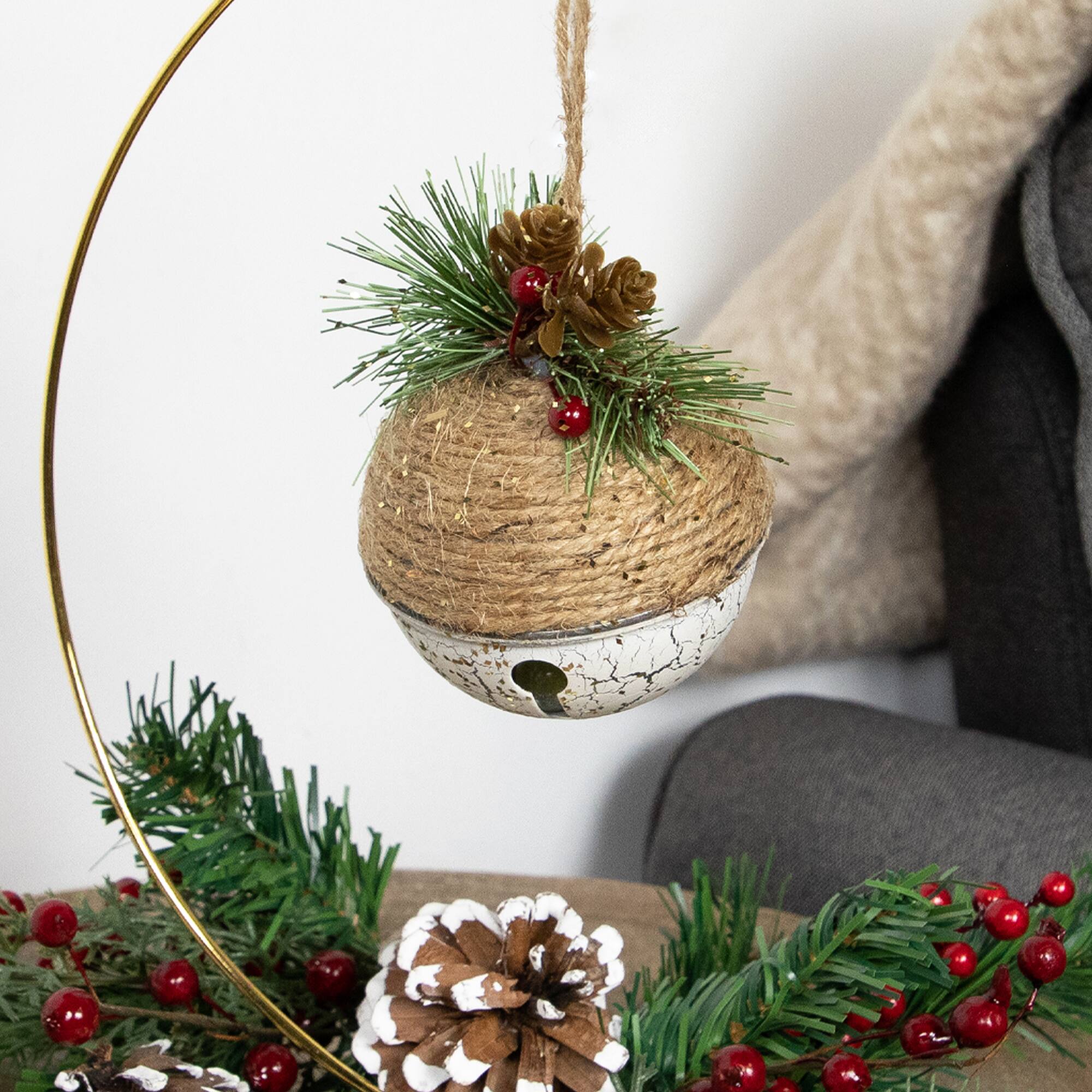 5" Green Rustic Pinecone & Holly Berry Jingle Bell Ornament