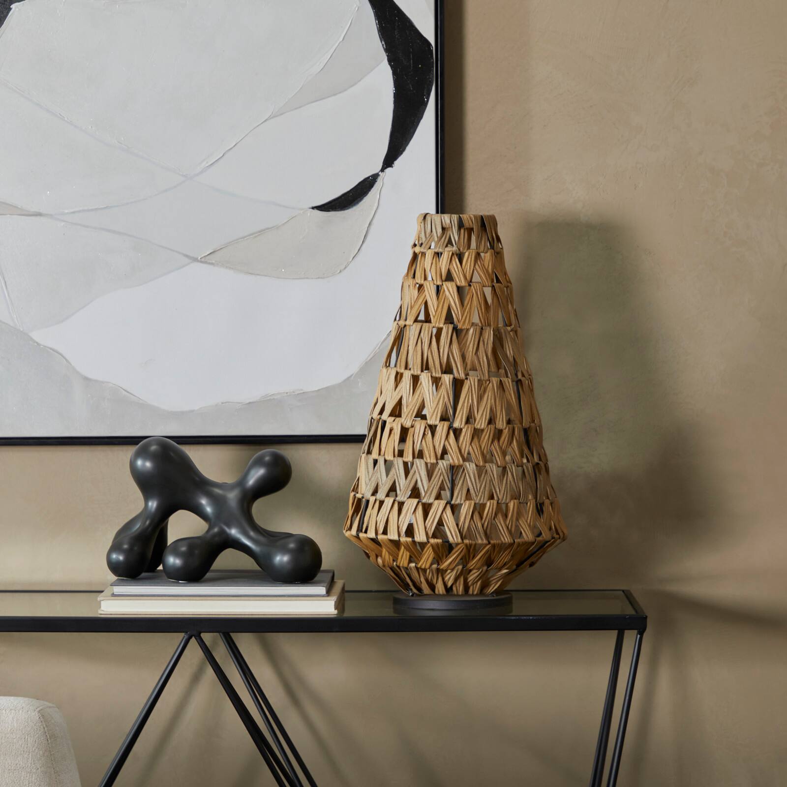30&#x22; Light Brown Plastic Rattan Handmade Candle Lantern with Wrapped Zig Zag Design