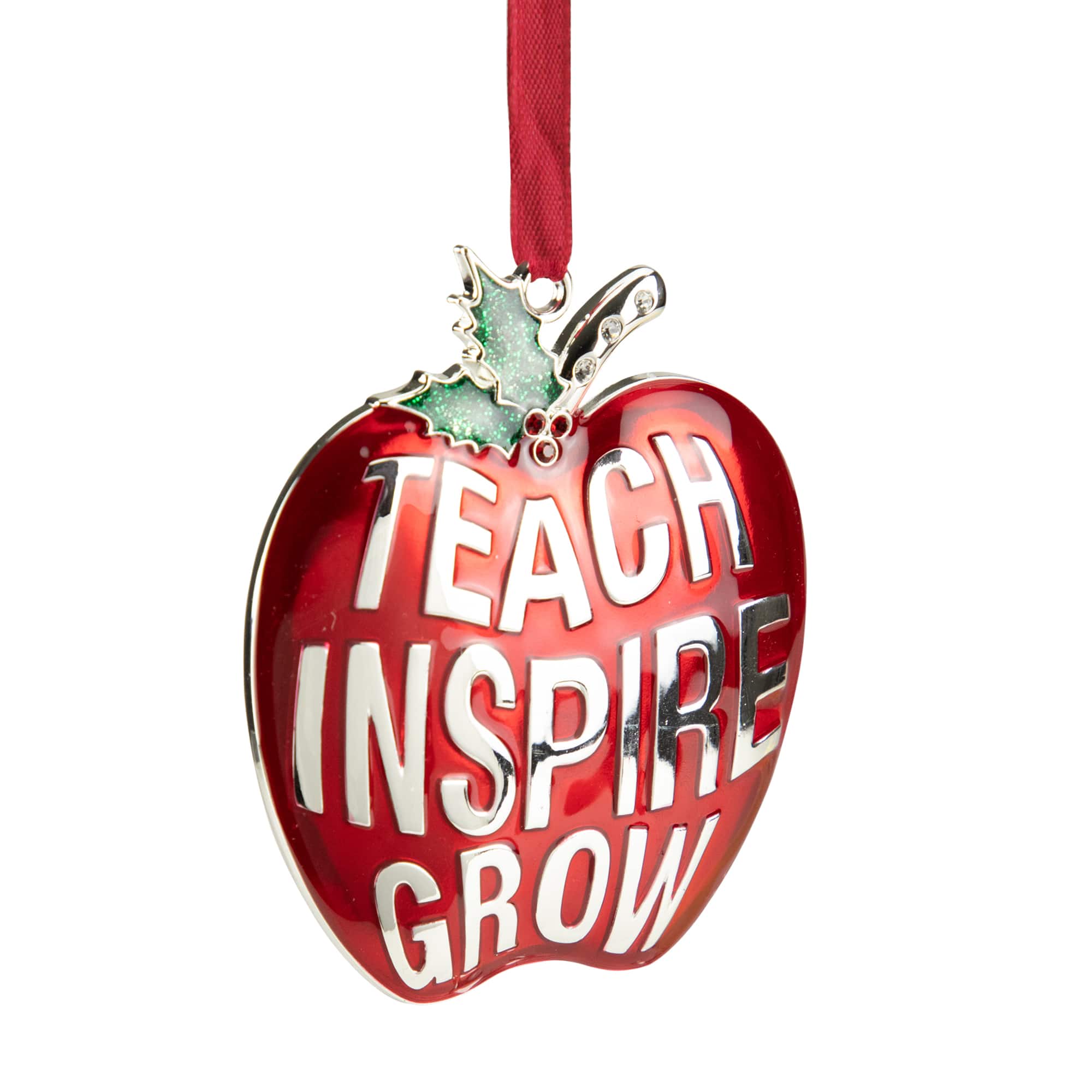 3.25" Red and Silver Plated Apple Teacher Christmas Ornament with European Crystals