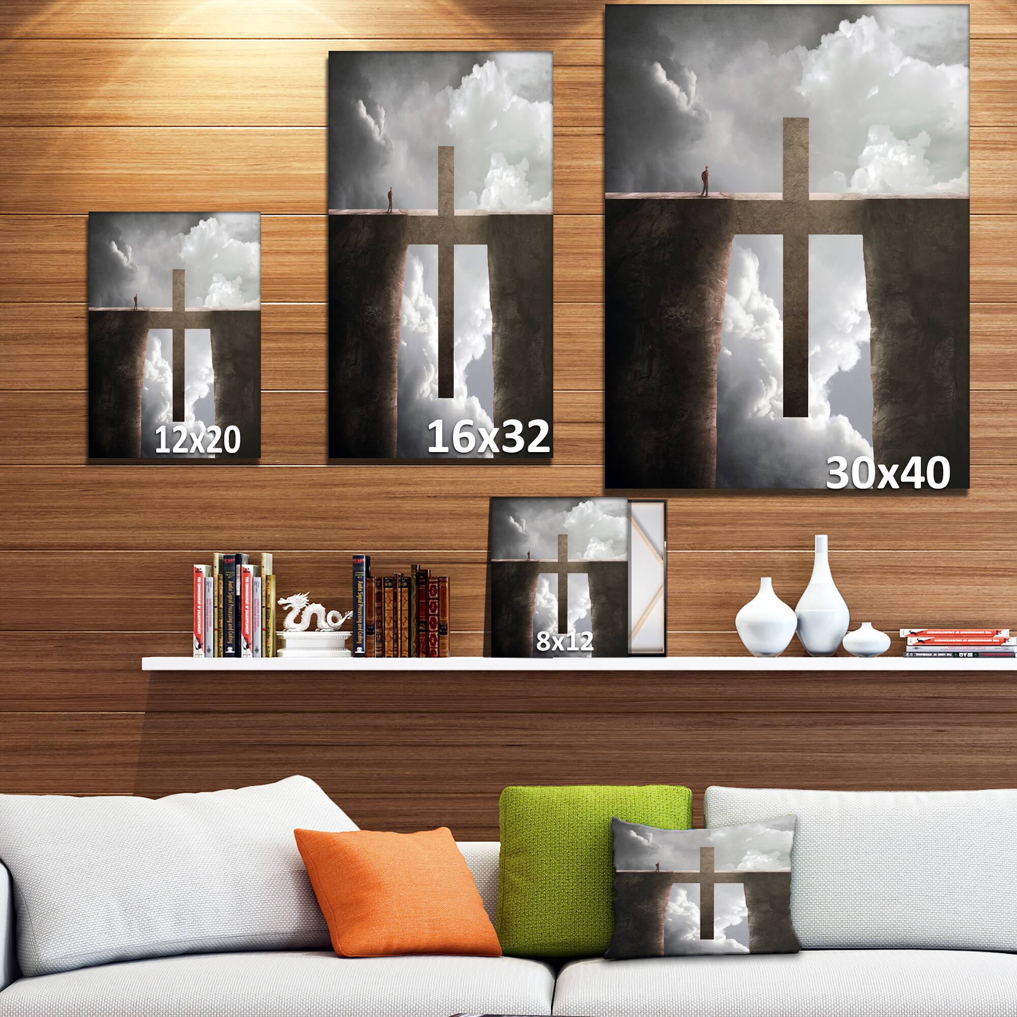 Designart - Big Cross between Two Cliffs - Landscapes Spiritual Religious on Wrapped Canvas