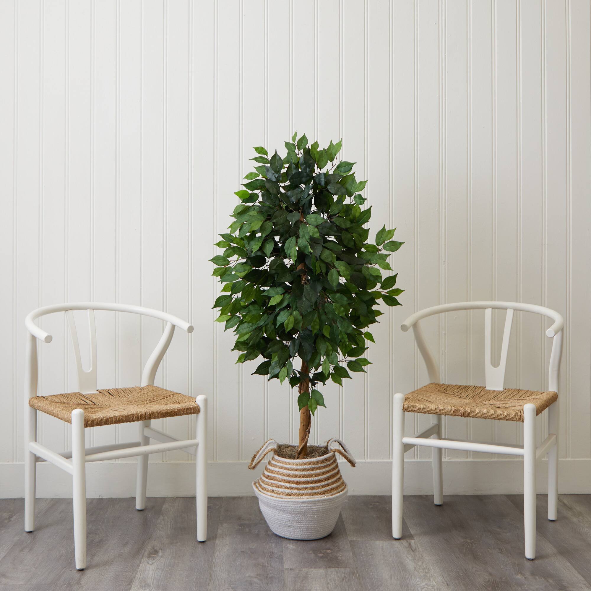 4.5ft. Artificial Ficus Tree with Double Trunk in Handmade Cotton & Jute Basket