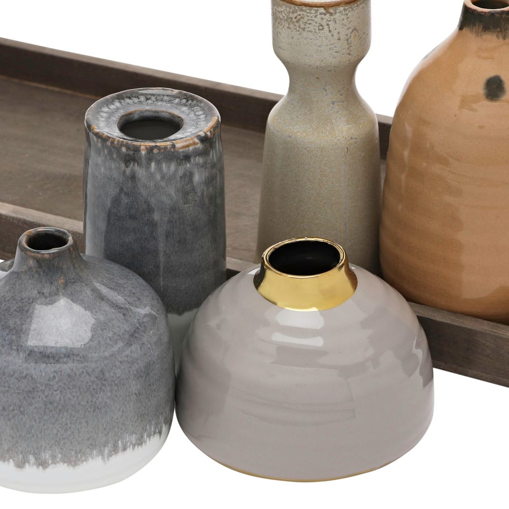 Multicolor Reactive Glaze Mango Wood Tray With Taper Holder &#x26; 4 Vases Set