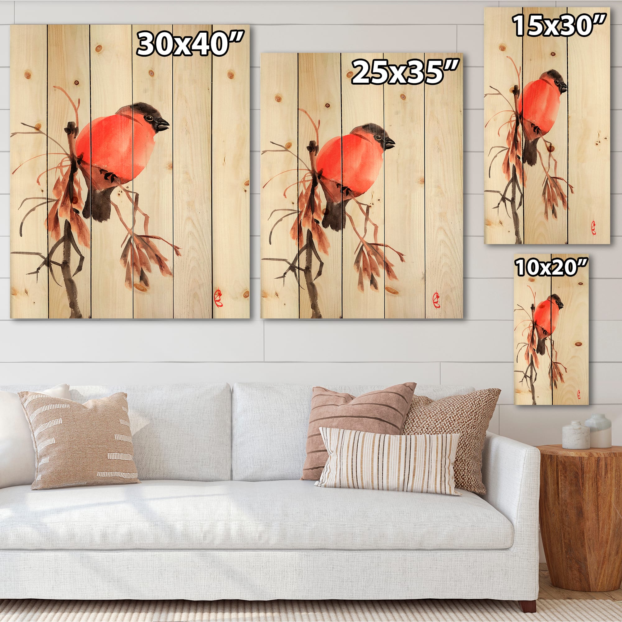 Designart - Red Bullfinch Bird On A Branch - Traditional Print on Natural Pine Wood