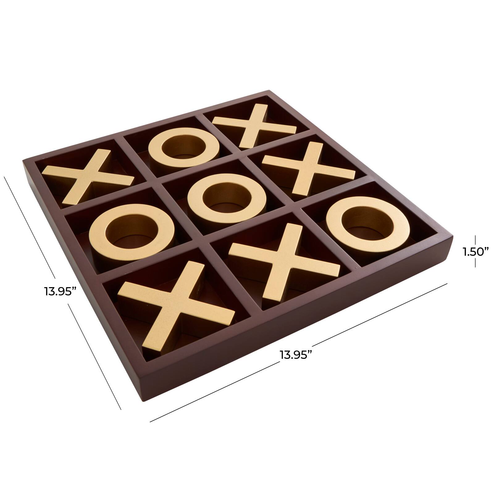 14&#x22; x 14&#x22; Brown Wooden Tic Tac Toe Game Set with Gold X &#x26; O Pieces