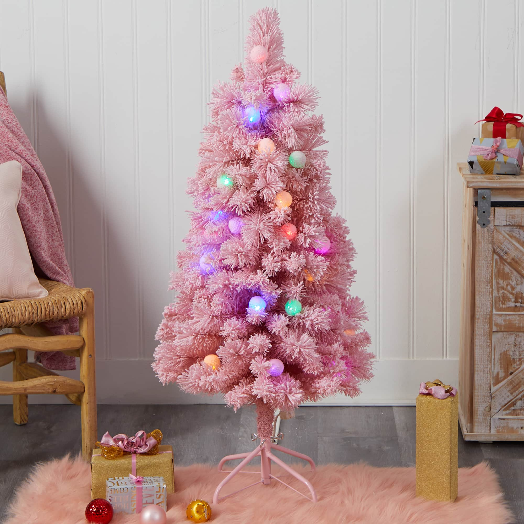 4ft. Pre-Lit Frosted Pink Cashmere Artificial Christmas Tree, Multicolor LED Lights